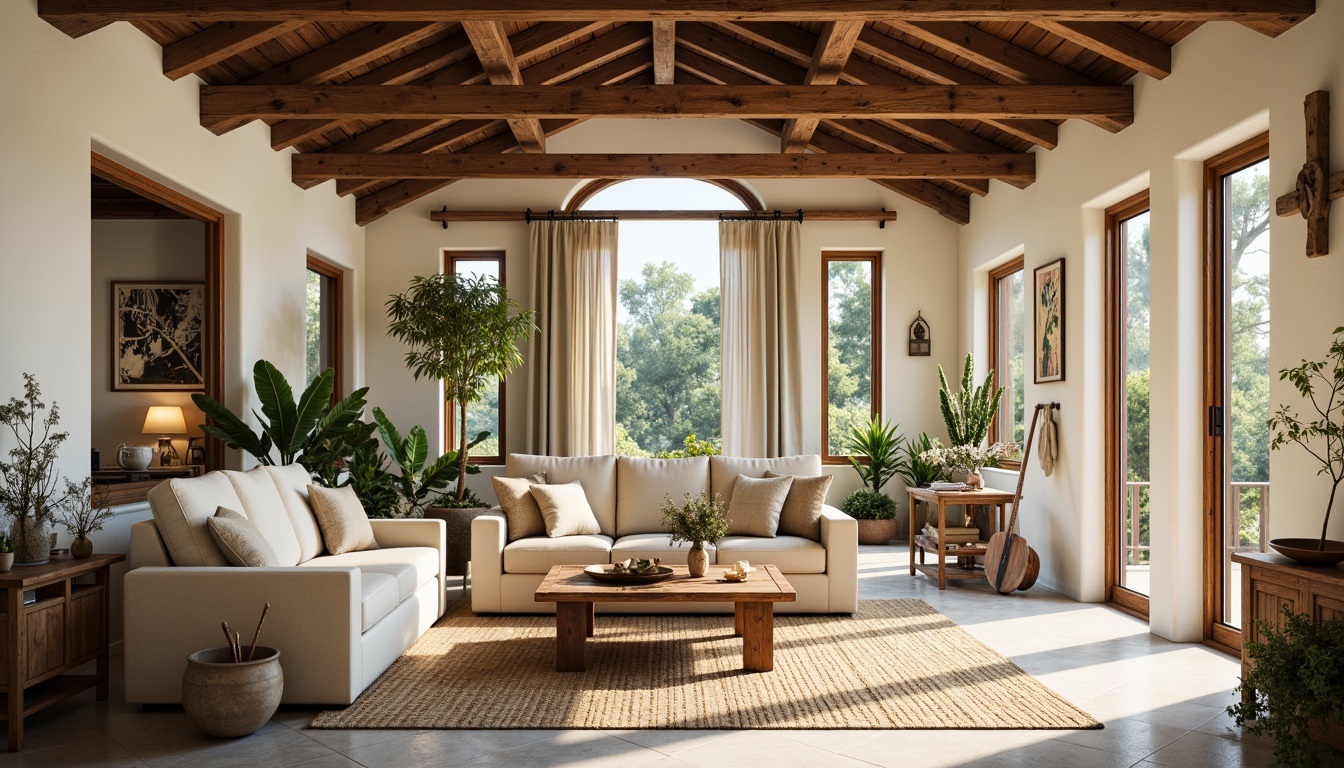 Prompt: Rustic farmhouse interior, abundant natural light, large windows, sliding glass doors, open-plan living area, wooden beams, vaulted ceiling, creamy white walls, distressed wood accents, earthy color palette, vintage farm tools, woven textiles, potted plants, organic shapes, warm soft lighting, shallow depth of field, 1/1 composition, realistic textures, ambient occlusion.