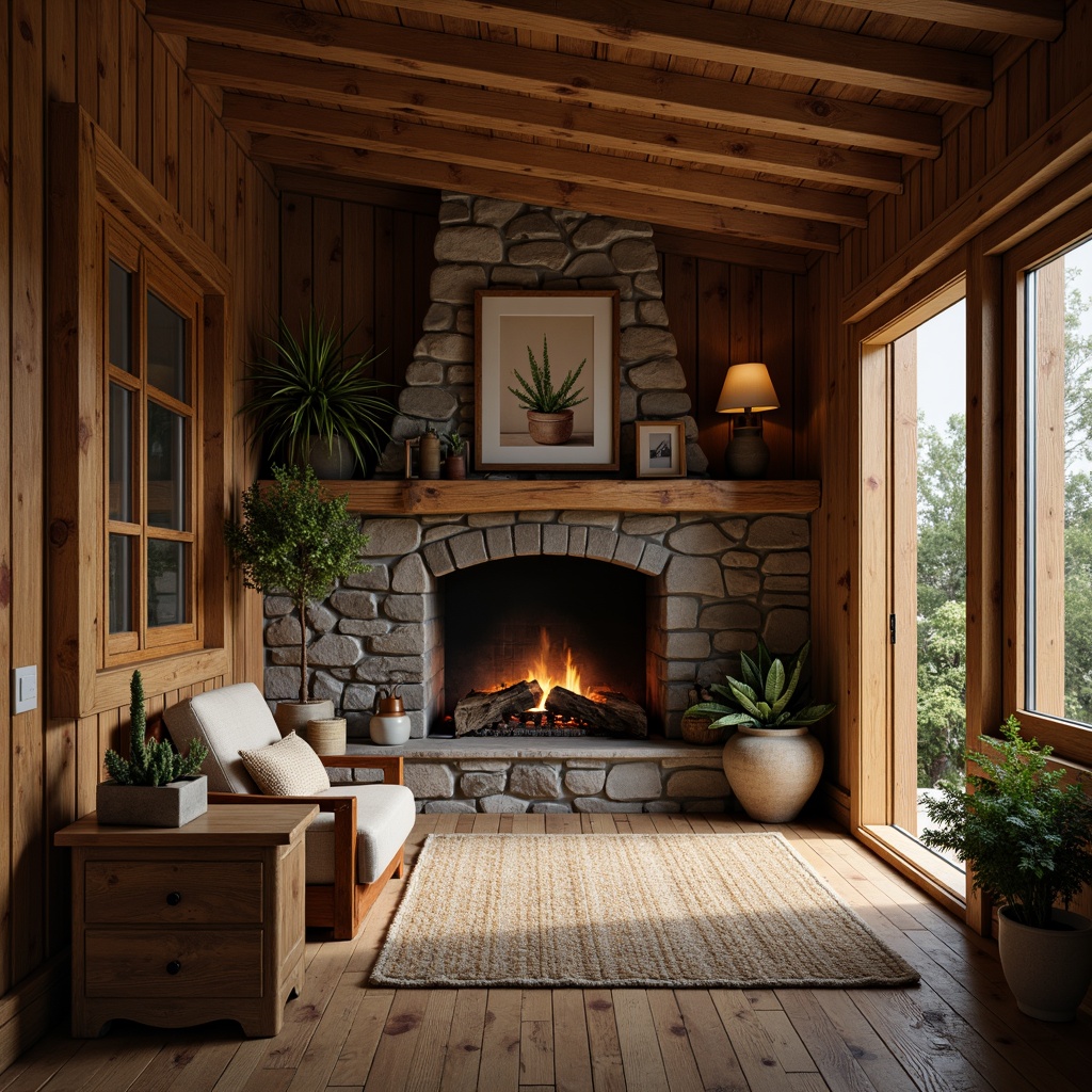 Prompt: Rustic cottage, wooden accents, stone fireplace, earthy tones, natural materials, reclaimed wood floors, vintage furniture, cozy atmosphere, soft warm lighting, shallow depth of field, 1/1 composition, intimate portrait view, realistic textures, ambient occlusion.