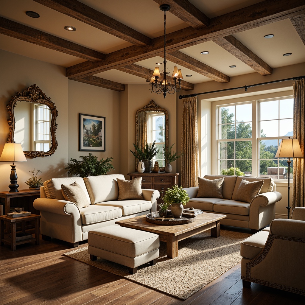 Prompt: Cozy living room, comfortable sofas, rustic wooden coffee tables, vintage armchairs, soft cushioned ottomans, warm beige walls, large windows, natural light, elegant chandeliers, classic ornate mirrors, plush area rugs, traditional English countryside style, warm earthy tones, inviting atmosphere, shallow depth of field, 1/1 composition, realistic textures, ambient occlusion.