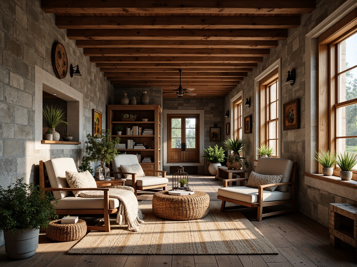 Prompt: Rustic farmhouse, vintage decor, distressed wood accents, earthy color palette, natural stone walls, wooden beams, metal lanterns, cozy reading nooks, plush throw blankets, woven baskets, potted plants, soft warm lighting, shallow depth of field, 1/1 composition, intimate scale, realistic textures, ambient occlusion.