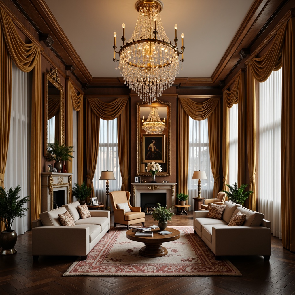 Prompt: Elegant living room, luxurious furnishings, ornate mirrors, lavish chandeliers, rich velvet drapes, subtle patterned rugs, polished wooden floors, statement artwork, gilded picture frames, antique vases, intricately carved furniture, warm golden lighting, shallow depth of field, 1/1 composition, realistic textures, ambient occlusion.