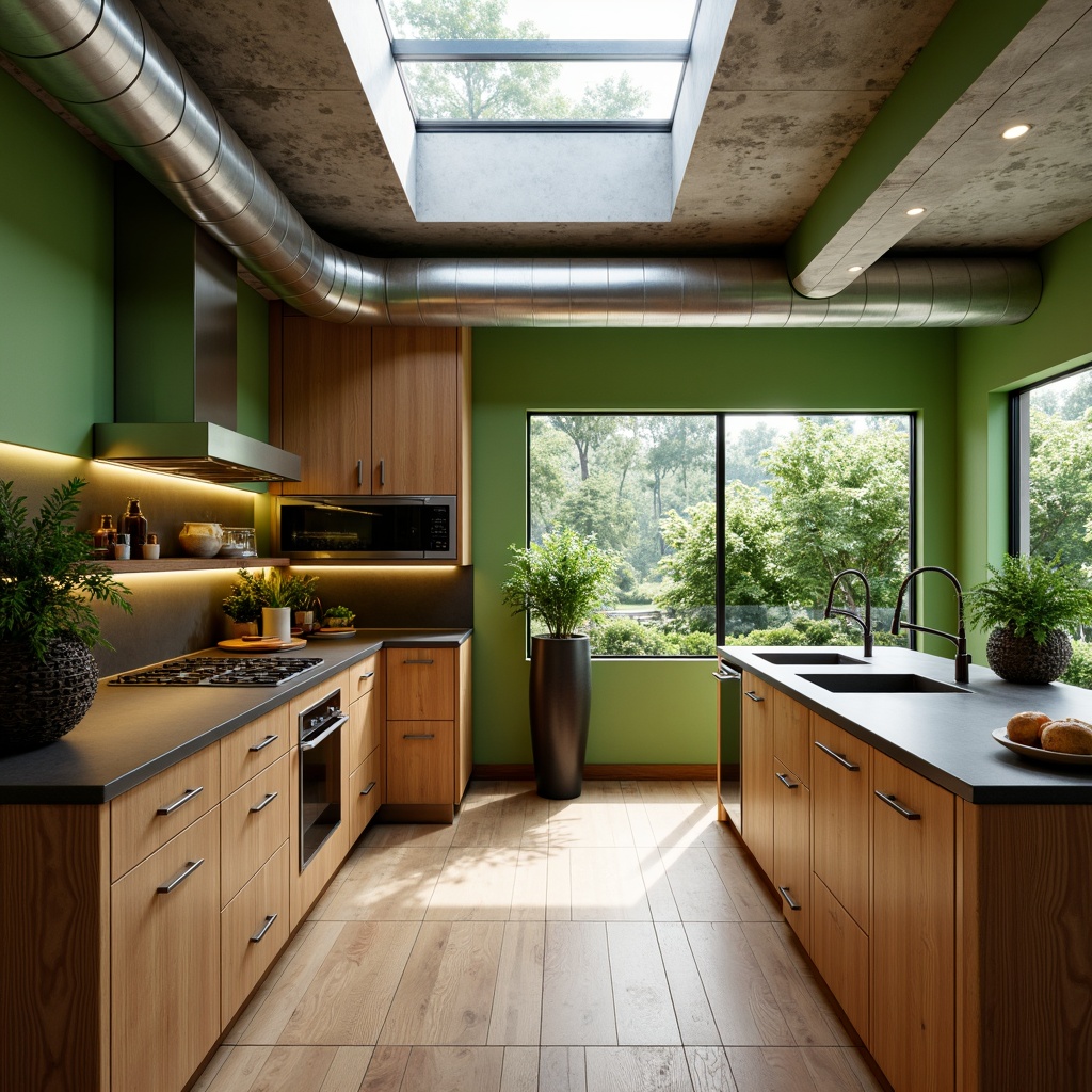 Prompt: Futuristic kitchen, recycled metal countertops, eco-friendly bamboo cabinets, sustainable wood flooring, minimalistic LED lighting, energy-efficient appliances, circular sink basins, curved glass backsplashes, futuristic faucet designs, matte black hardware, vibrant green walls, industrial-style exposed ductwork, polished concrete ceilings, large skylights, natural daylight, soft warm ambiance, shallow depth of field, 1/1 composition, realistic textures, ambient occlusion.