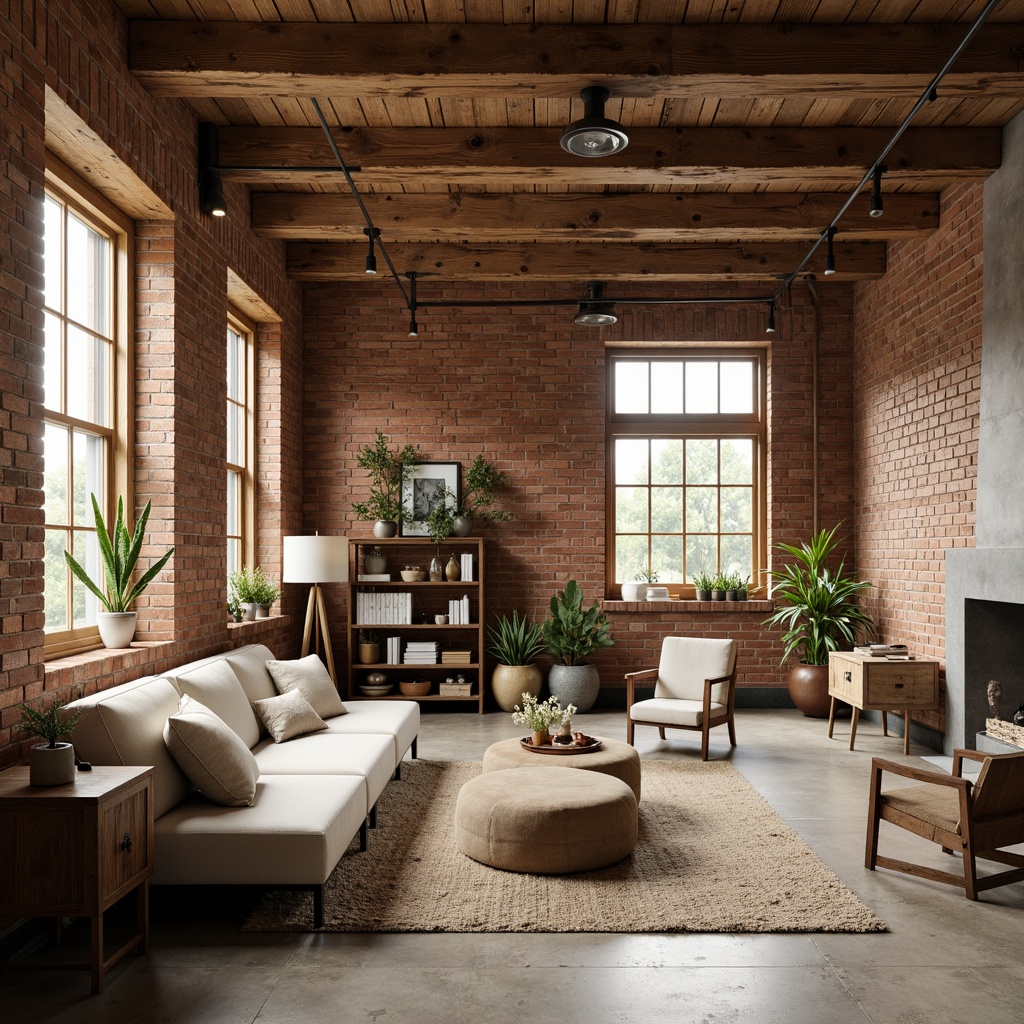 Prompt: Rustic loft interior, exposed brick walls, wooden beam ceilings, industrial metal accents, vintage furniture pieces, earthy color palette, warm beige tones, rich walnut wood, soft gray stone, creamy white marble, natural linen fabrics, subtle distressed textures, atmospheric warm lighting, shallow depth of field, 1/2 composition, realistic rendering, ambient occlusion.