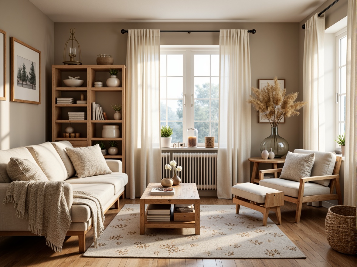 Prompt: Cozy Scandinavian family room, warm lighting, plush throw blankets, natural wood furniture, woven wicker baskets, soft beige sofas, accent pillows, earthy tone rugs, minimalist decor, large windows, snowflake patterns, frosted glass vases, pinecone decorations, rustic wooden shelves, vintage candle holders, warm beige walls, creamy white curtains, subtle texture overlays, atmospheric misting effect, 1/1 composition, soft focus blur, realistic fabric simulations.