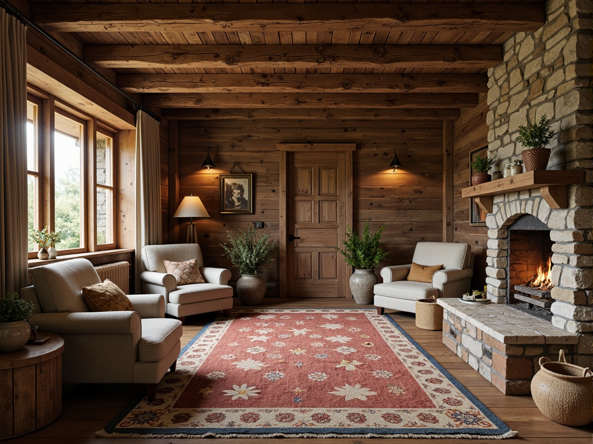 Prompt: Rustic cabin, wooden accents, distressed wood planks, earthy tones, natural textures, reclaimed barnwood, vintage charm, cozy atmosphere, warm ambiance, soft lighting, traditional furniture, woven rugs, stone fireplace, wooden beams, country-inspired decor, nature-inspired colors, organic patterns, hand-hewn wood details, rough-hewn stones, earthenware vases, woven baskets, earthy scents.