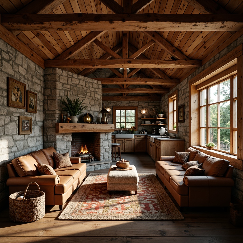 Prompt: Rustic cabin, wooden accents, earthy tones, natural materials, reclaimed wood planks, distressed finishes, weathered stone walls, warm ambient lighting, cozy atmosphere, rustic furniture, vintage decor, wooden beams, brick fireplace, country-style kitchen, worn leather sofas, woven baskets, earth-toned rugs, soft warm glow, shallow depth of field, 3/4 composition, panoramic view.