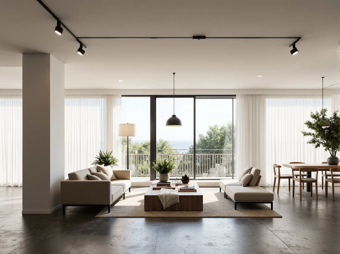 Prompt: Minimalist living room, sparse furniture, neutral color palette, abundant natural light, floor-to-ceiling windows, sliding glass doors, sheer white curtains, polished concrete floors, industrial-style lighting fixtures, sleek low-profile sofas, geometric-shaped coffee tables, potted greenery, subtle textures, soft warm ambiance, high contrast ratio, 1/1 composition, shallow depth of field, realistic reflections.