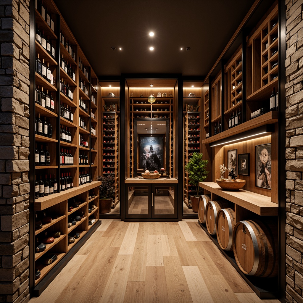 Prompt: Elegant wine cellar, sophisticated shelving units, rich wood tones, luxurious glass doors, ambient soft lighting, temperature-controlled environment, premium metal racks, curved wooden shelves, vintage wine barrels, rustic stone walls, dimly lit atmosphere, refined modern design, sleek chrome accents, subtle LED illumination, dramatic floor-to-ceiling storage, precise climate control systems, lavish leather-bound wine cases.