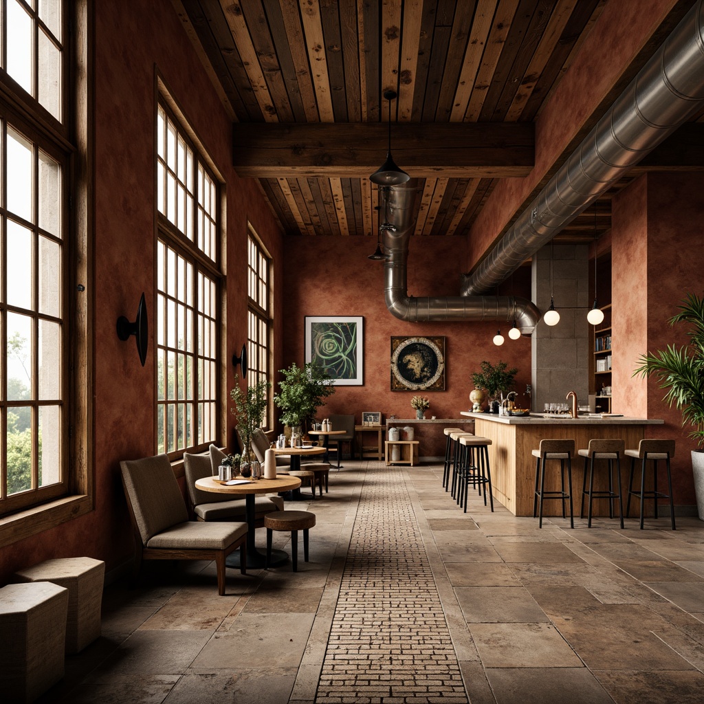 Prompt: Rustic wooden accents, reclaimed wood planks, distressed metal surfaces, industrial-chic exposed ductwork, earthy terracotta tones, tactile stone walls, weathered bronze fixtures, richly grained concrete floors, intricate mosaic patterns, warm ambient lighting, soft focus blur, atmospheric perspective, 1/2 composition, natural textures, realistic materials, subtle color grading.