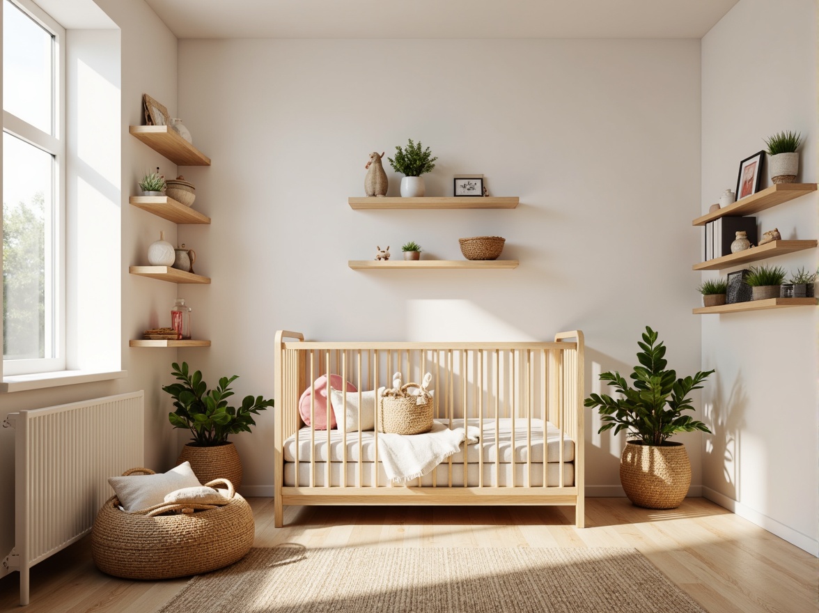 Prompt: Minimalist baby room, wooden crib, simple bedding, natural wood tones, primary color accents, geometric patterns, clean lines, functional furniture, adjustable shelves, multi-functional storage units, woven baskets, handmade toys, vintage-inspired decorations, soft warm lighting, shallow depth of field, 1/1 composition, realistic textures, ambient occlusion.