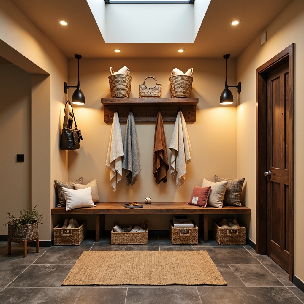 Prompt: Vibrant mudroom, warm beige walls, rustic wooden bench, woven baskets, natural textiles, industrial metal hooks, modern LED lighting, soft warm glow, overhead pendant lights, table lamps, floor lamps, task lighting, ambient lighting, bright white ceiling, polished concrete floors, reclaimed wood accents, cozy throw blankets, earthy color palette, 1/1 composition, shallow depth of field, realistic textures, subtle shadows.