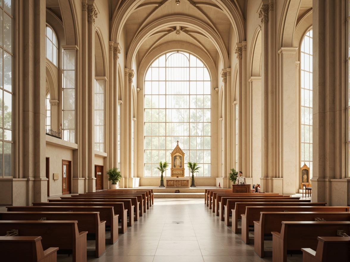 Prompt: Ethereal church interior, stained glass windows, translucent stone walls, soft diffused lighting, vaulted ceilings, ornate wooden pews, intricately carved altarpieces, serene atmosphere, gentle color palette, subtle texture variations, natural material accents, minimalist ornamentation, elegant simplicity, warm beige tones, creamy whites, soft pastel hues, atmospheric perspective, shallow depth of field, 1/1 composition, realistic reflections, ambient occlusion.