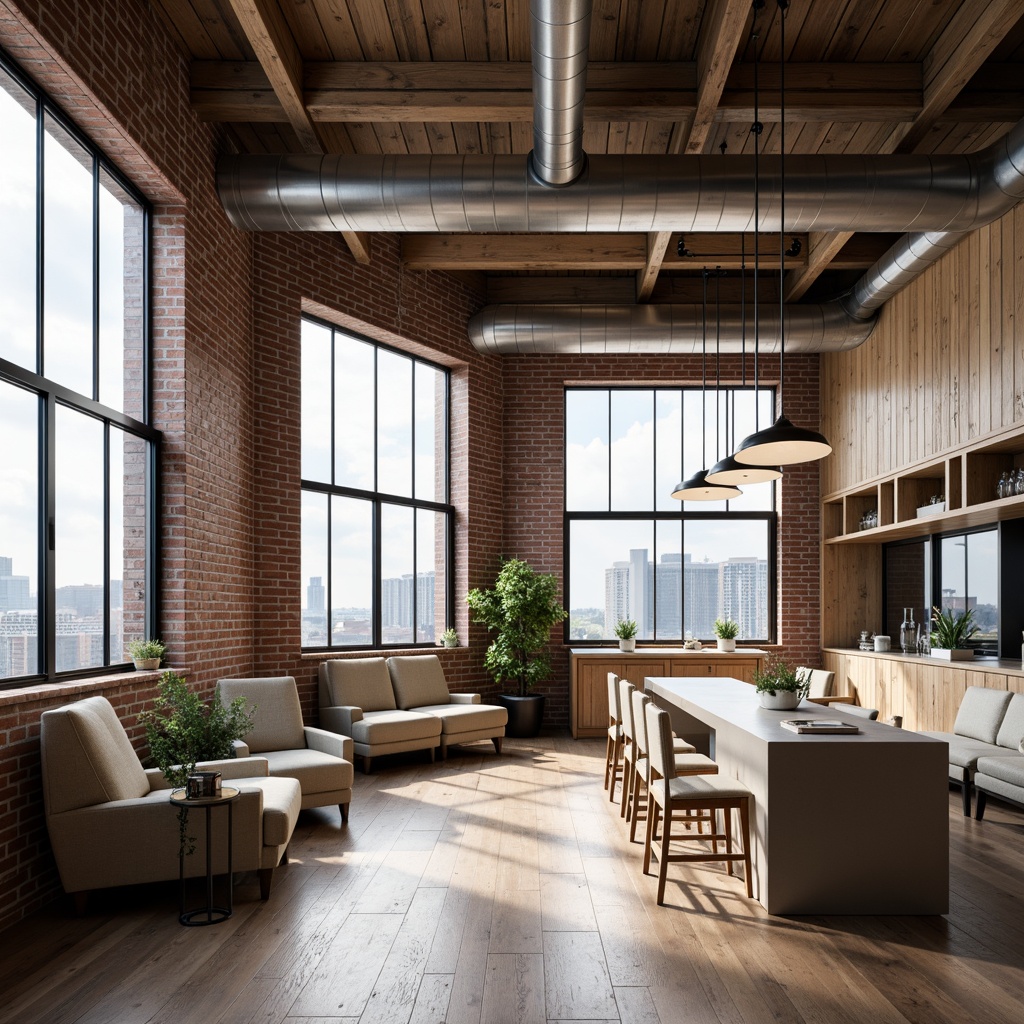 Prompt: Exposed brick walls, industrial metal beams, reclaimed wood accents, minimalist decor, monochromatic color scheme, neutral tones, creamy whites, soft grays, taupe undertones, warm beige, rich walnut flooring, sleek steel fixtures, modern pendant lighting, floor-to-ceiling windows, urban cityscape views, cloudy day, soft natural light, shallow depth of field, 3/4 composition, realistic textures, ambient occlusion.