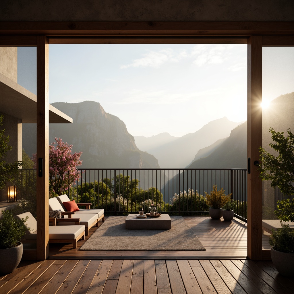 Prompt: Panoramic mountain views, vast open spaces, serene natural scenery, wooden deck railings, outdoor furniture, potted plants, blooming flowers, lush greenery, misty morning atmosphere, warm golden lighting, shallow depth of field, 3/4 composition, realistic textures, ambient occlusion, rustic wooden frames, modern minimalist design, floor-to-ceiling windows, sliding glass doors, cozy outdoor seating areas, warm lantern lighting.