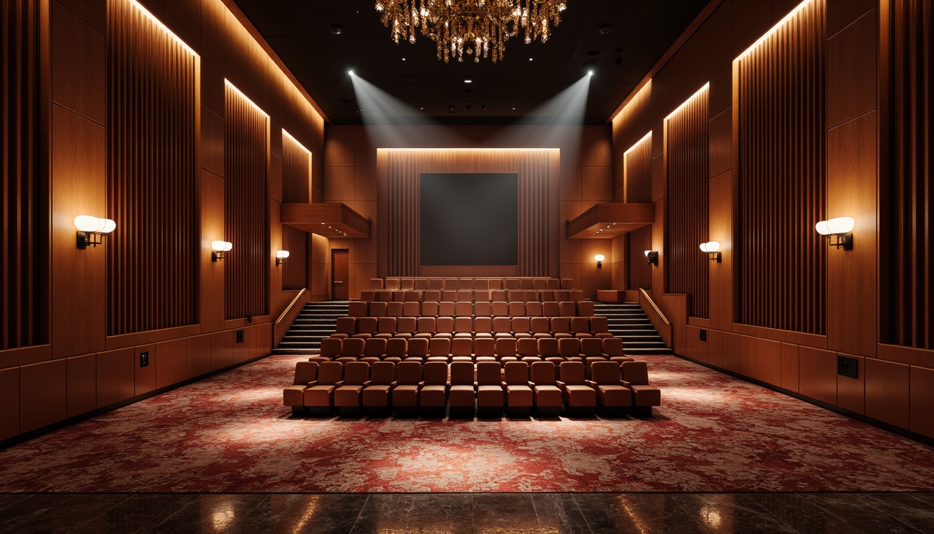 Prompt: Luxurious theater interior, rich wood paneling, velvety soft carpets, metallic accents, polished marble floors, grand chandeliers, dramatic spotlights, comfortable plush seating, sleek minimalist walls, warm ambient lighting, 1/1 composition, shallow depth of field, realistic textures, subtle gradient effects.