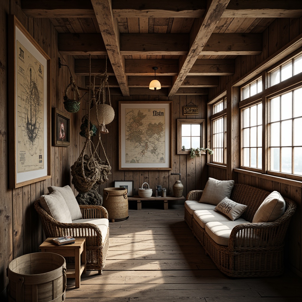 Prompt: Rustic boathouse interior, reclaimed wooden planks, distressed finishes, nautical ropes, vintage anchors, aquatic maps, fishing nets, woven wicker furniture, earthy color palette, warm cozy lighting, shallow depth of field, 1/2 composition, soft focus, realistic textures, ambient occlusion.