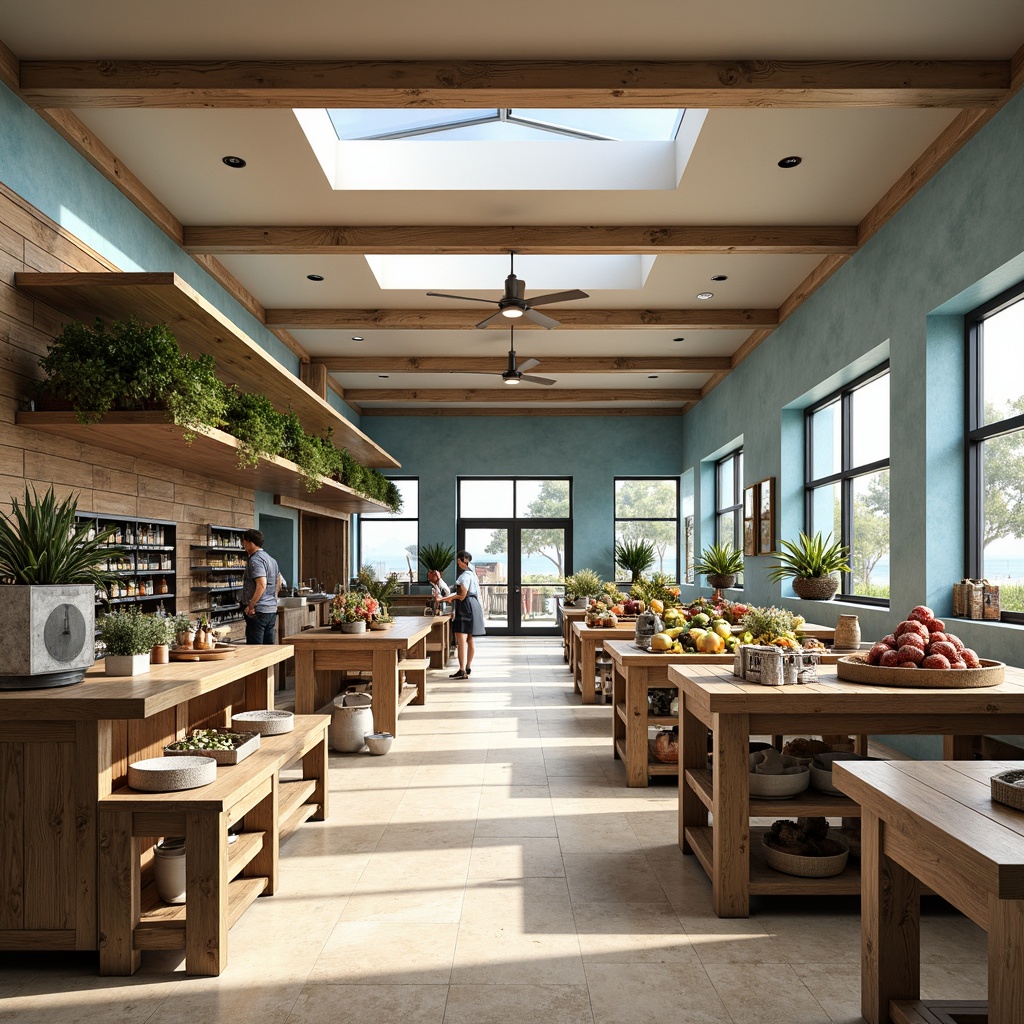 Prompt: Coastal style grocery store, natural materials, reclaimed wood accents, sea-inspired color palette, ocean-blue walls, sandy-beige floors, rustic metal fixtures, nautical-themed decorations, abundant natural light, skylights, clerestory windows, transparent glass doors, minimal window treatments, reflective surfaces, bright and airy atmosphere, soft warm lighting, shallow depth of field, 3/4 composition, panoramic view, realistic textures, ambient occlusion.