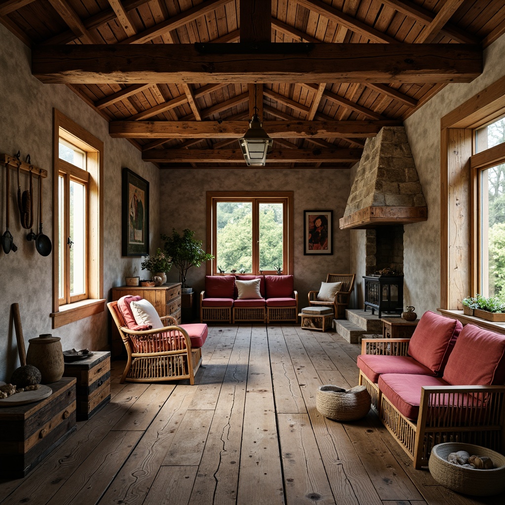 Prompt: Rustic farmhouse, weathered wooden planks, distressed metal roofs, vintage farming tools, natural stone walls, earthy color palette, rough-hewn wooden beams, woven wicker furniture, plush velvet upholstery, soft warm lighting, shallow depth of field, 1/1 composition, realistic textures, ambient occlusion.