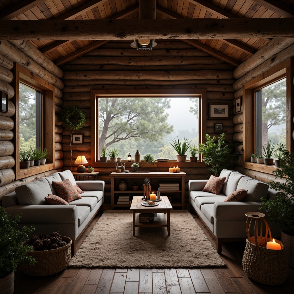 Prompt: Rustic cabin, wooden accents, natural stone walls, earthy color palette, distressed wood furniture, vintage decorations, cozy textiles, woven baskets, pinecone details, lantern lighting, warm candlelight, soft shadows, 1/1 composition, realistic wood grains, ambient occlusion, serene forest surroundings, misty morning atmosphere.