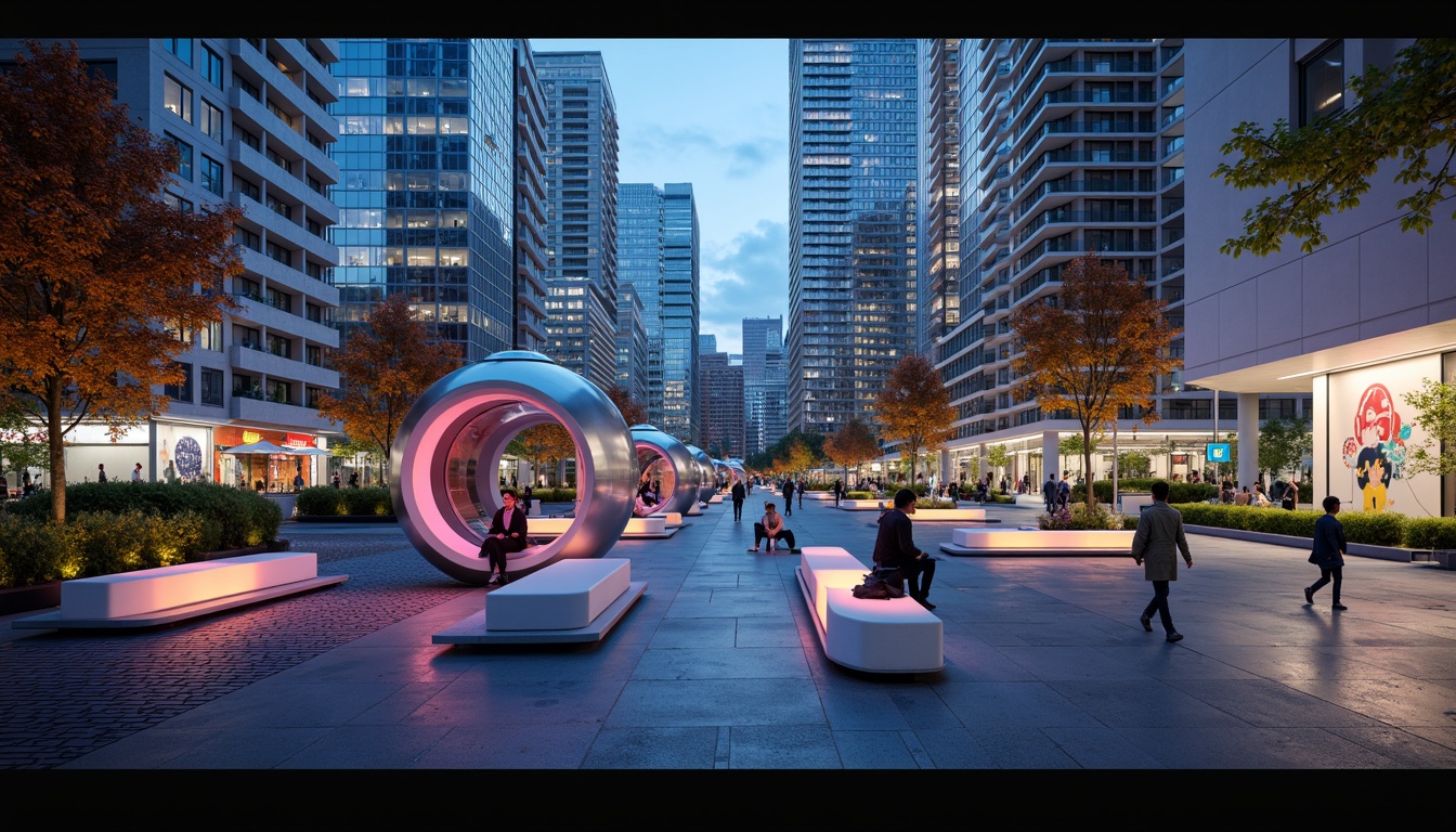 Prompt: Futuristic urban landscape, sleek skyscrapers, neon lights, holographic advertisements, levitating transportation pods, futuristic benches, glowing LED seats, ergonomic chairs, metallic frames, transparent glass tables, minimalist design, sustainable materials, eco-friendly upholstery, vibrant colorful accents, intricate geometric patterns, ambient lighting, shallow depth of field, 1/1 composition, panoramic view, realistic textures, ambient occlusion.