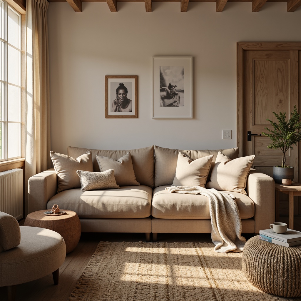 Prompt: Plush velvet sofa, soft cotton upholstery, woven jute rug, natural linen curtains, luxurious silk fabrics, ergonomic pillows, cozy woolen blankets, rustic wooden accents, warm beige color scheme, inviting living room, comfortable seating arrangement, subtle texture contrasts, soft warm lighting, 1/1 composition, shallow depth of field.