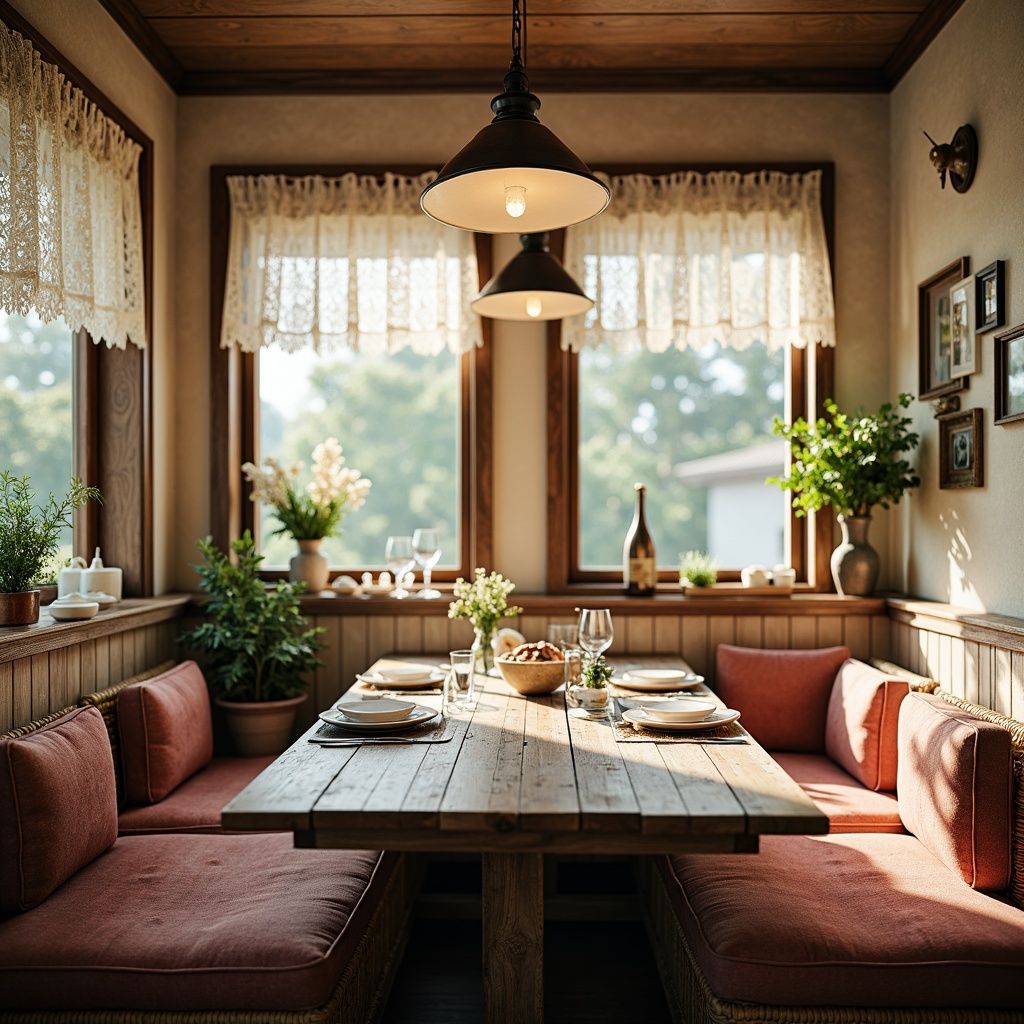 Prompt: Cozy breakfast nook, distressed wood furniture, vintage metal decorations, soft pastel colors, lace curtains, floral patterns, rustic wooden tables, woven wicker chairs, plush velvet cushions, antique silverware, warm candlelight, soft morning sunlight, shallow depth of field, 1/1 composition, intimate atmosphere, realistic textures, ambient occlusion.