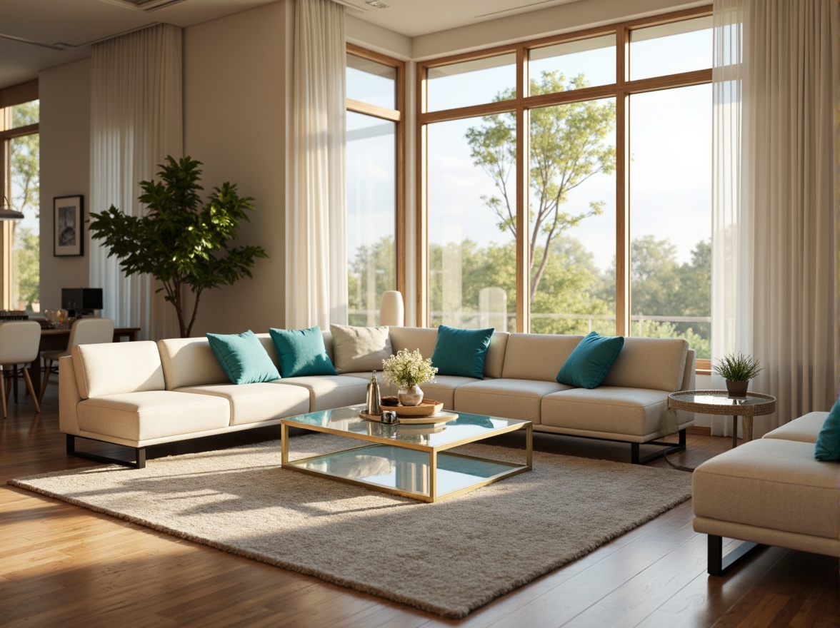 Prompt: Ethereal living room, translucent glass coffee table, sleek metal legs, ambient warm lighting, soft beige couch, vibrant turquoise accents, delicate floral patterns, minimalist decor, polished wooden floors, natural stone walls, floor-to-ceiling windows, sheer white curtains, subtle texture overlays, 1/1 composition, shallow depth of field, realistic reflections, soft focus blur.