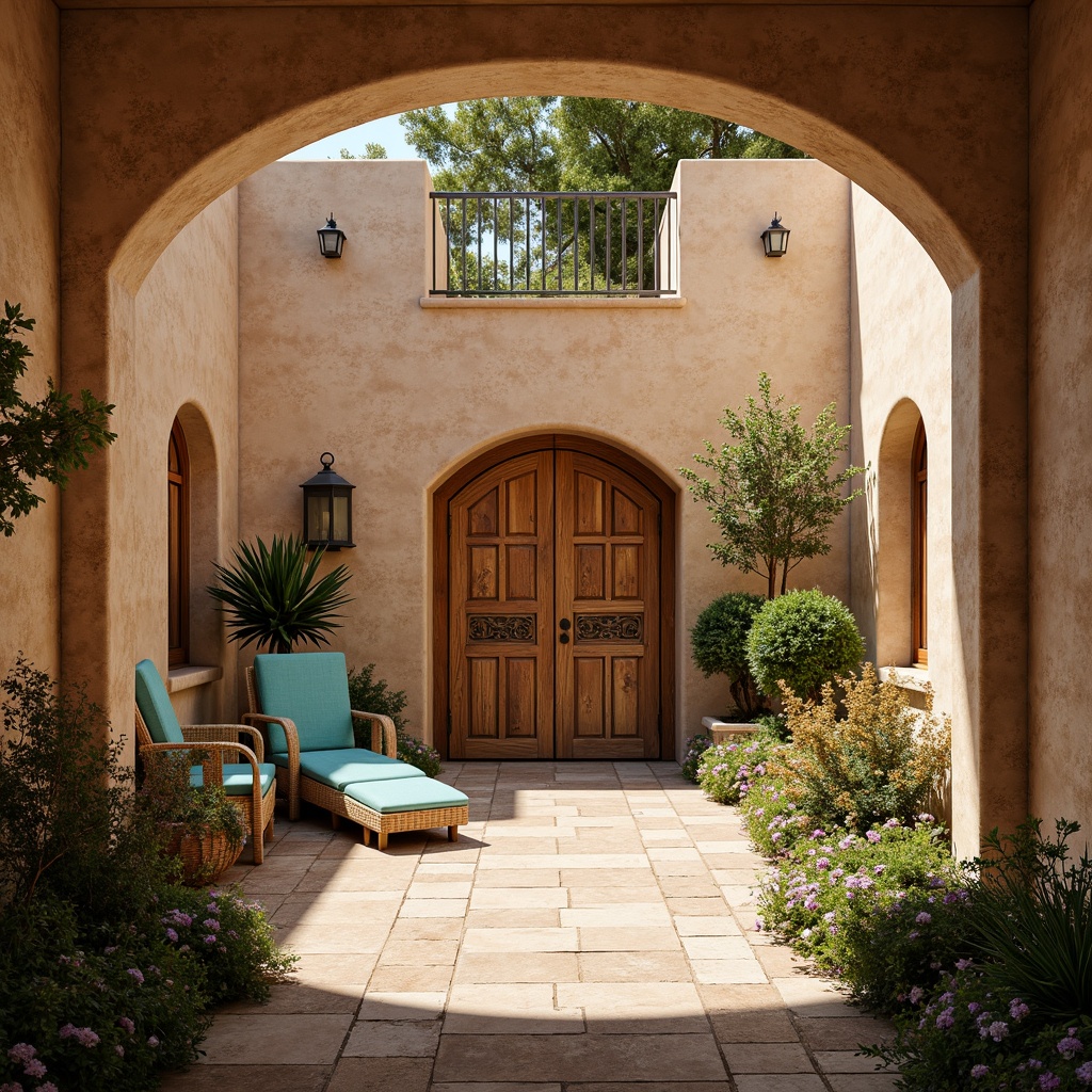 Prompt: Warm Mediterranean villa, stucco walls with rough textures, earthy color palette, ornate wooden doors, rustic stone floors, vintage ceramic tiles, lush greenery, blooming flowers, tranquil courtyard, soft warm lighting, shallow depth of field, 3/4 composition, natural stone archways, curved lines, elegant columns, distressed wood accents, woven wicker furniture, vibrant turquoise accents, coastal breeze, sunny afternoon, realistic textures, ambient occlusion.