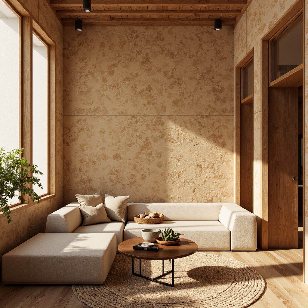 Prompt: Earthy cork walls, natural textures, warm beige tones, soft golden hues, rich walnut accents, earthy brown floors, creamy white ceilings, organic shapes, irregular patterns, sustainable materials, eco-friendly design, cozy ambiance, warm soft lighting, shallow depth of field, 1/1 composition, realistic renderings, ambient occlusion.