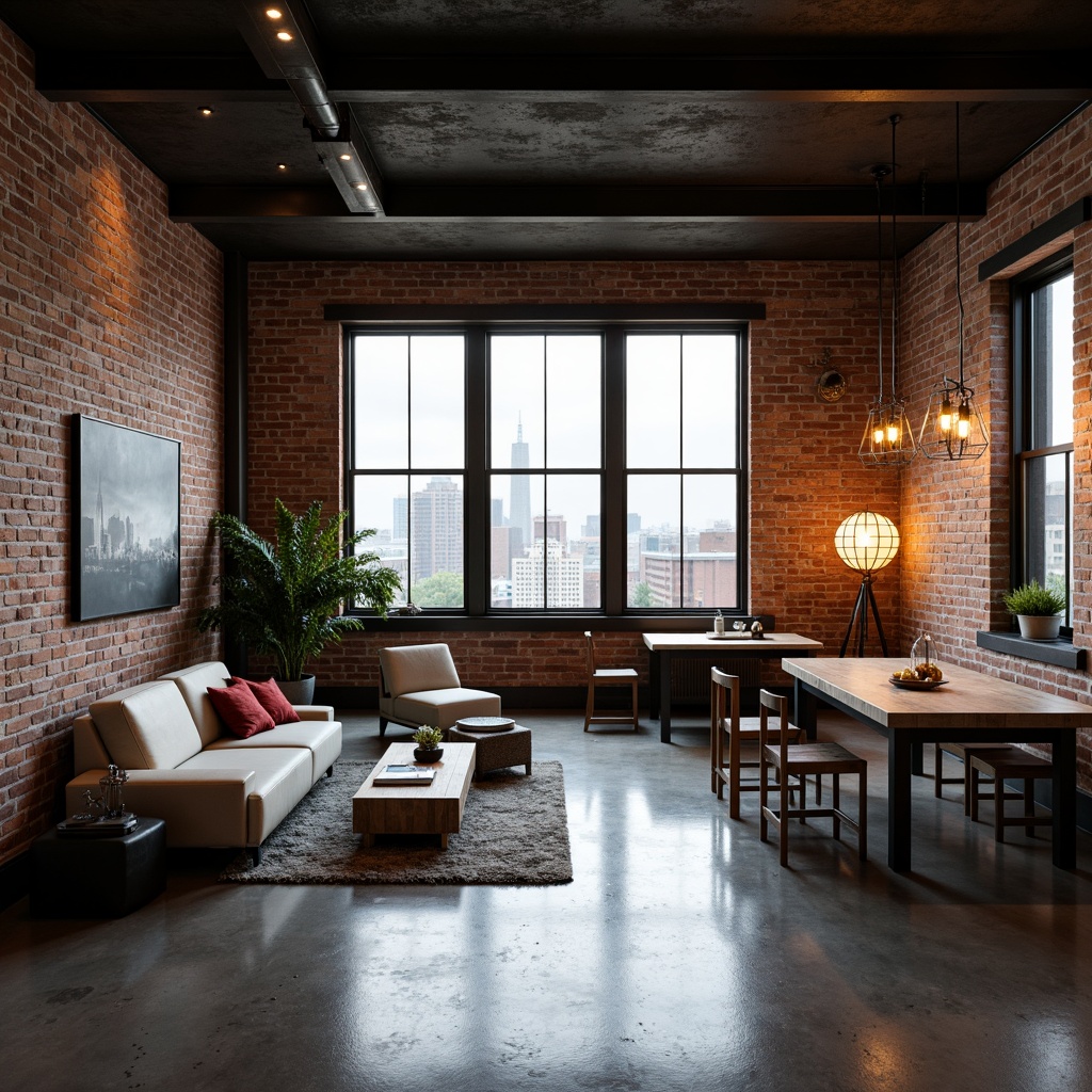 Prompt: Industrial chic loft, exposed brick walls, polished concrete floors, minimalist decor, sleek modern furniture, floor-to-ceiling windows, urban cityscape views, warm ambient lighting, suspended metal fixtures, geometric pendant lamps, Edison bulb chandeliers, reclaimed wood accents, steel beams, soft warm glow, high ceilings, open layout, functional minimalism, 1/1 composition, realistic textures, subtle shading.