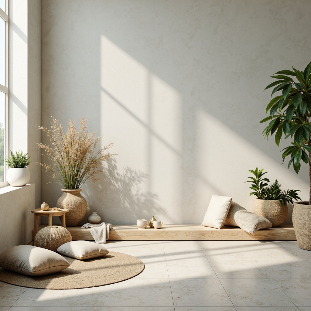 Prompt: Soft pastel hues, calming atmosphere, natural materials, earthy tones, wooden accents, creamy whites, gentle blues, soothing greens, warm beige, subtle texture, organic shapes, effortless composition, shallow depth of field, 1/1 aspect ratio, soft focus, ambient lighting, cozy ambiance.