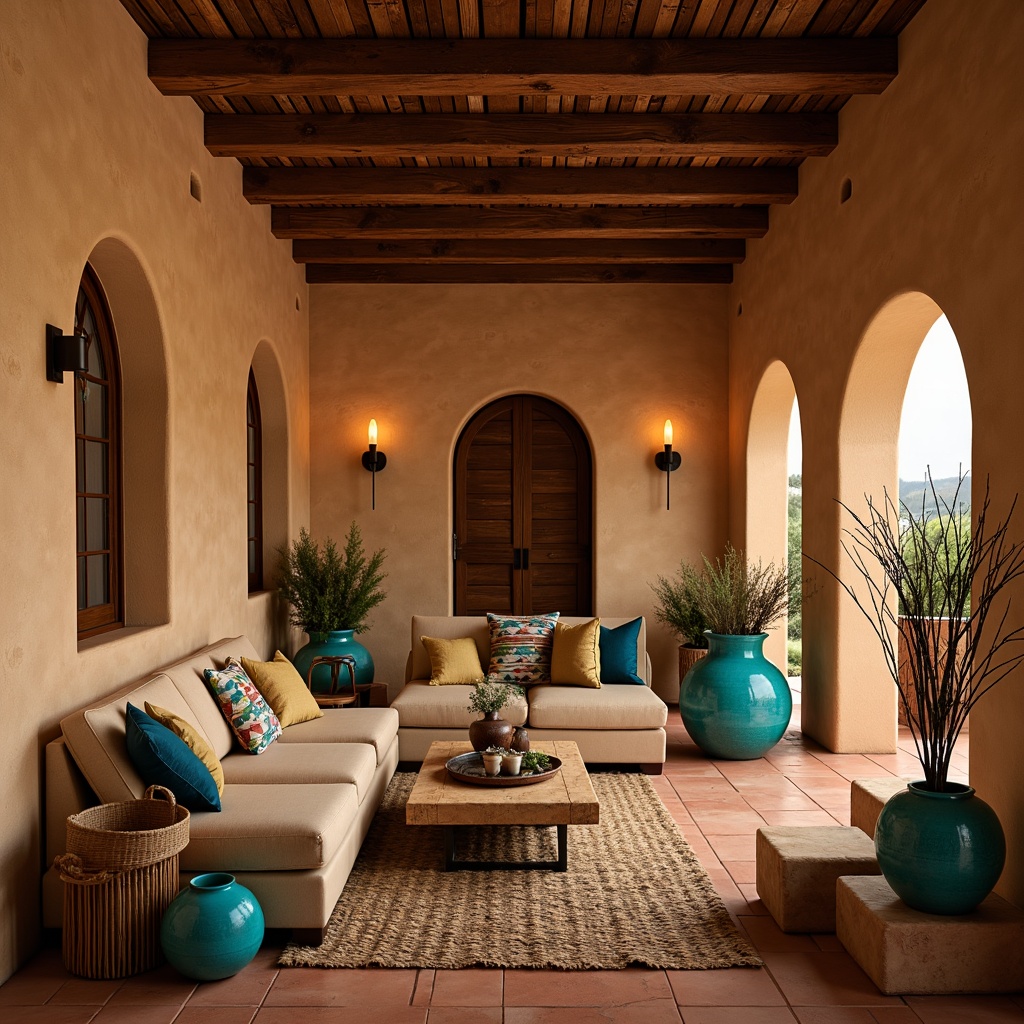 Prompt: Adobe-style interior, warm beige walls, textured stucco finish, earthy terracotta tones, rustic wooden accents, woven Native American-inspired patterns, vibrant turquoise pottery, natural fiber rugs, plush southwestern-printed pillows, arched doorways, wrought iron light fixtures, candlelit ambiance, warm golden lighting, shallow depth of field, 1/2 composition, intimate close-up shots, realistic texture rendering.