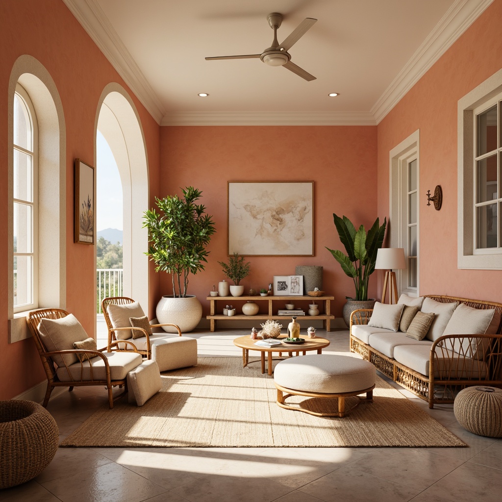 Prompt: Earthy tones, soft peach walls, creamy white accents, natural wood textures, woven wicker furniture, potted greenery, cozy communal spaces, minimalist decor, neutral color schemes, subtle warm lighting, shallow depth of field, 1/1 composition, intimate atmosphere, soft focus, realistic renderings.