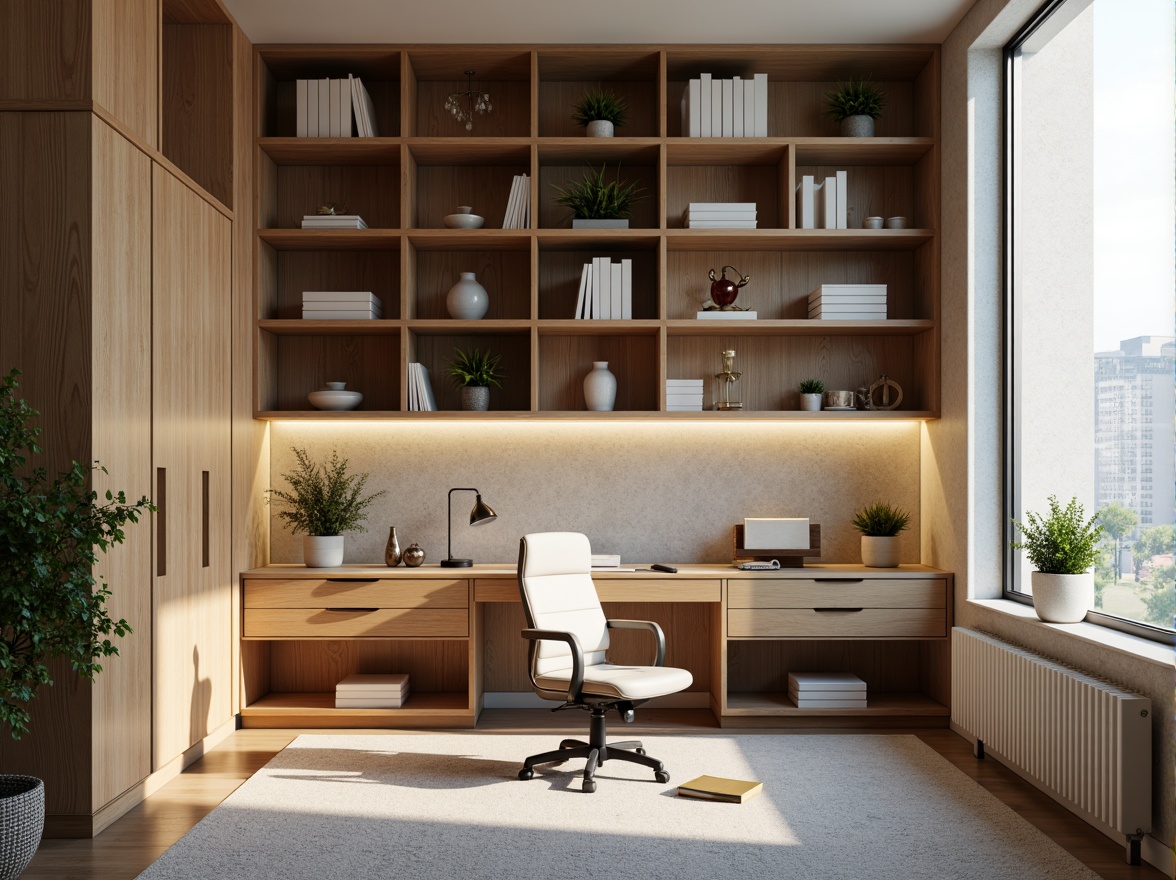 Prompt: Modern minimalist home office, sleek wooden shelves, adjustable shelving units, compact storage spaces, ergonomic desk, comfortable task chair, plenty of natural light, soft warm glow, cozy atmosphere, Scandinavian-inspired design, geometric patterns, metallic accents, built-in USB outlets, cable management systems, 3/4 composition, shallow depth of field, panoramic view.