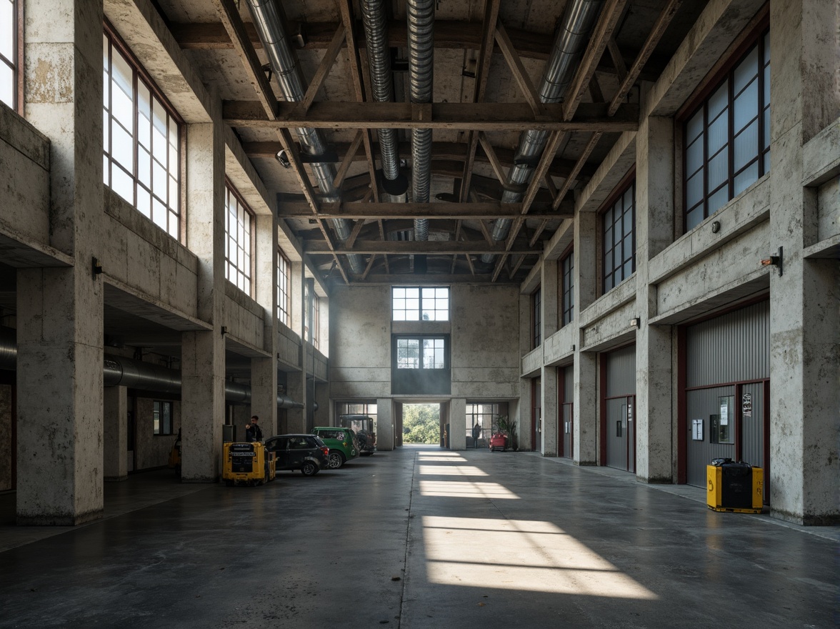 Prompt: Rugged distribution center, brutalist architecture, exposed concrete structures, industrial metal beams, raw unfinished surfaces, functional pipes and ducts, minimal ornamentation, stark geometric forms, monumental scale, dramatic natural lighting, high-ceilinged open spaces, reinforced steel columns, poured-in-place concrete walls, weathered metallic cladding, utilitarian functionality, urban industrial setting, misty atmospheric conditions, softbox lighting, 1/2 composition, gritty realistic textures.