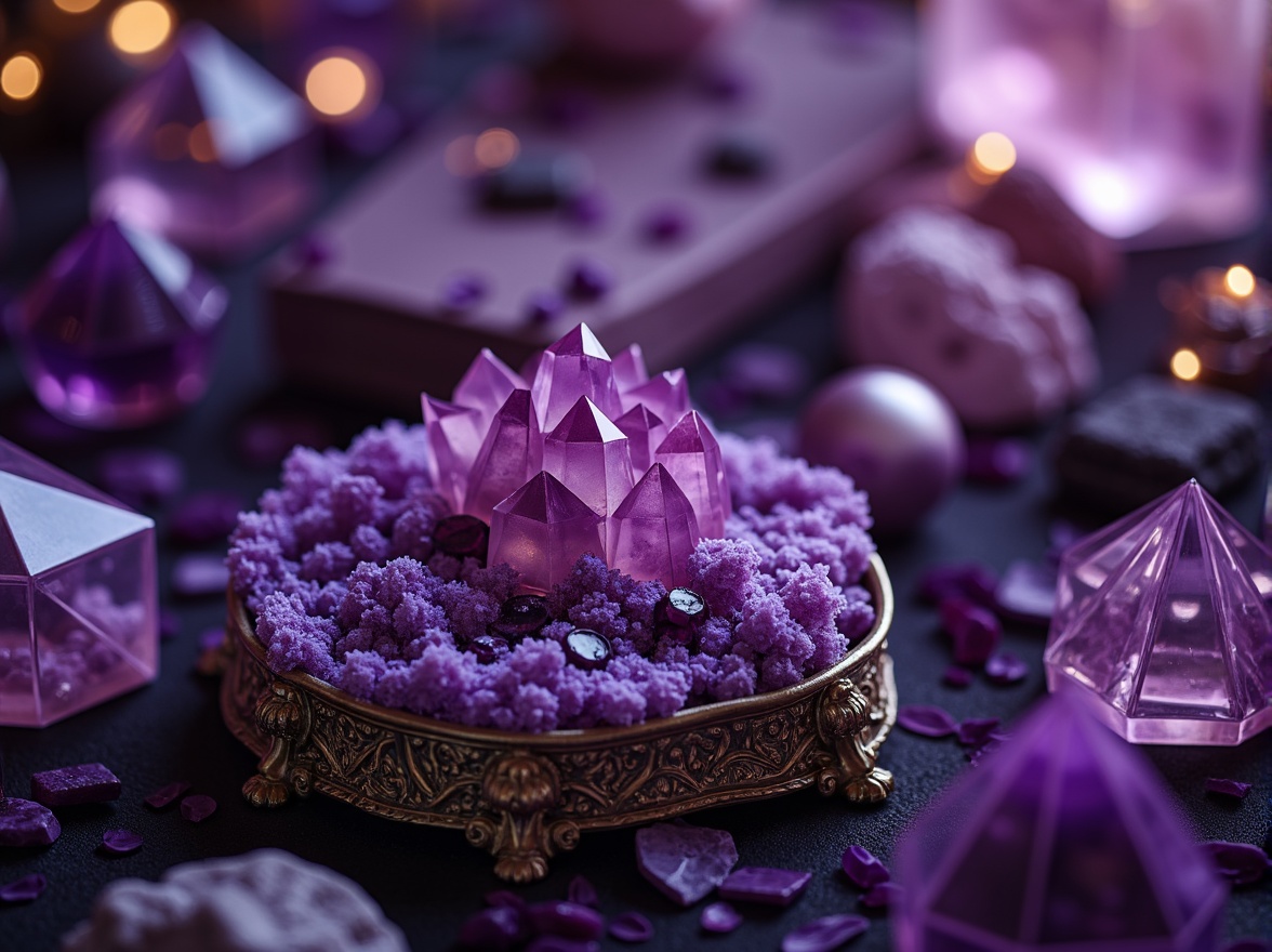 Prompt: Luxurious amethyst accents, rich purple hues, velvety smooth textures, crystal formations, geode-inspired patterns, regal opulence, lavish decorations, ornate details, mysterious ambiance, dim warm lighting, soft focus blur, 1/2 composition, intimate close-ups, realistic reflections, subtle color grading.