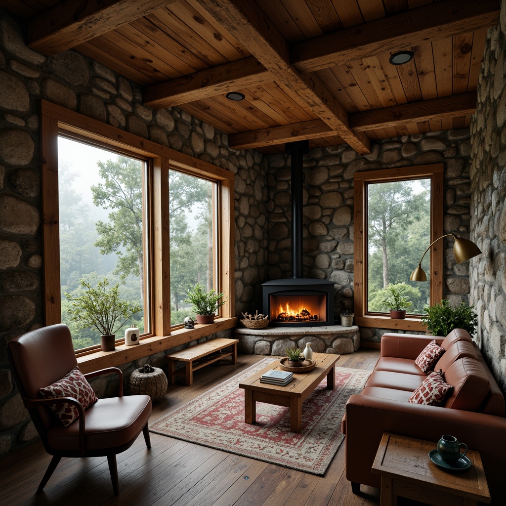 Prompt: Rustic cabin, natural stone walls, earthy tones, wooden accents, vintage furniture, cozy fireplace, soft warm lighting, shallow depth of field, 3/4 composition, panoramic view, realistic textures, ambient occlusion, worn wooden planks, distressed finishes, earthy scent, secluded forest surroundings, misty morning atmosphere.