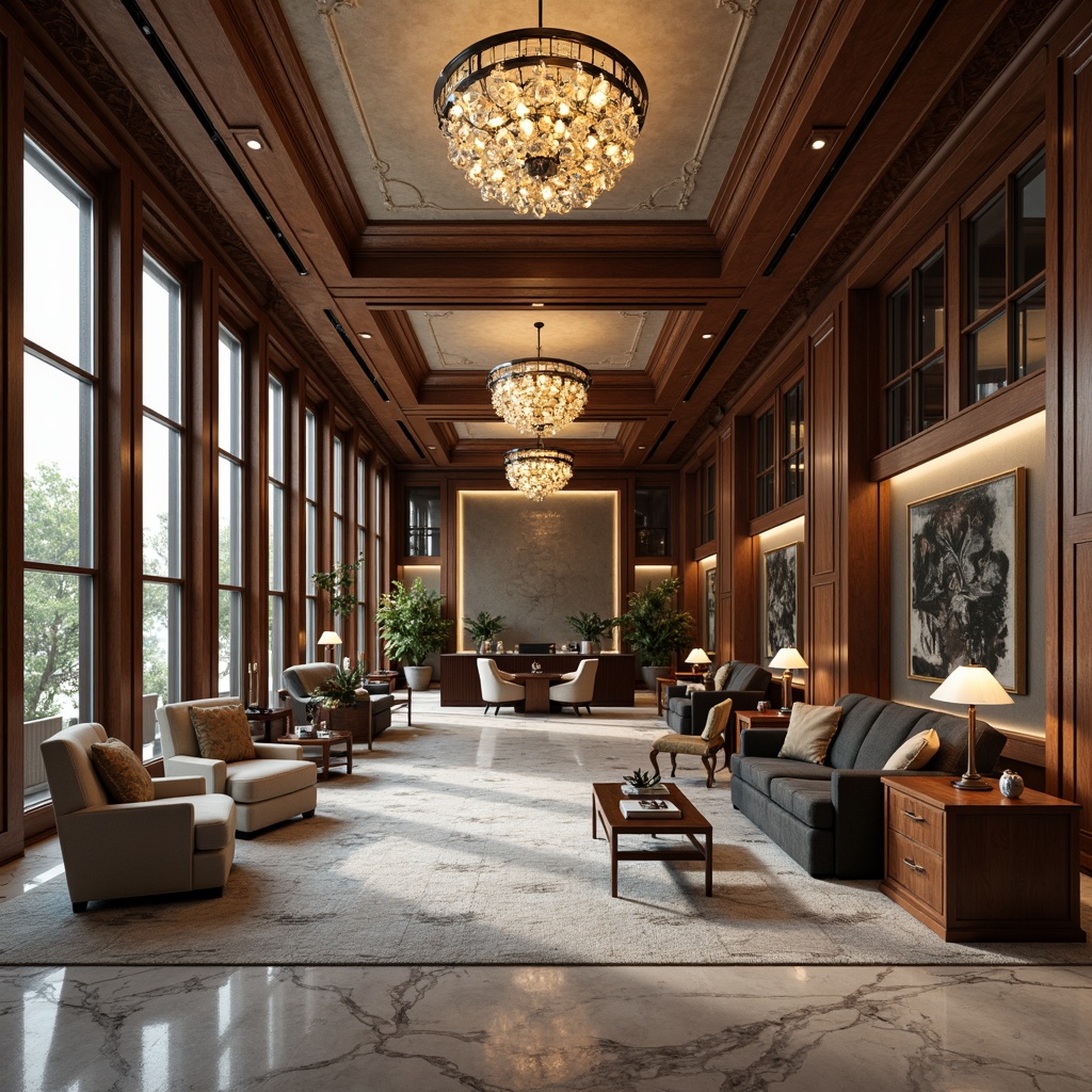 Prompt: Elegant office interior, luxurious furnishings, ornate wood paneling, intricate metalwork, lavish chandeliers, plush carpeting, sophisticated color schemes, refined textures, executive desks, ergonomic chairs, abundant natural light, floor-to-ceiling windows, minimalist decor, subtle patterns, metallic accents, polished marble floors, opulent fabrics, dramatic lighting effects, 1/1 composition, realistic renderings, ambient occlusion.