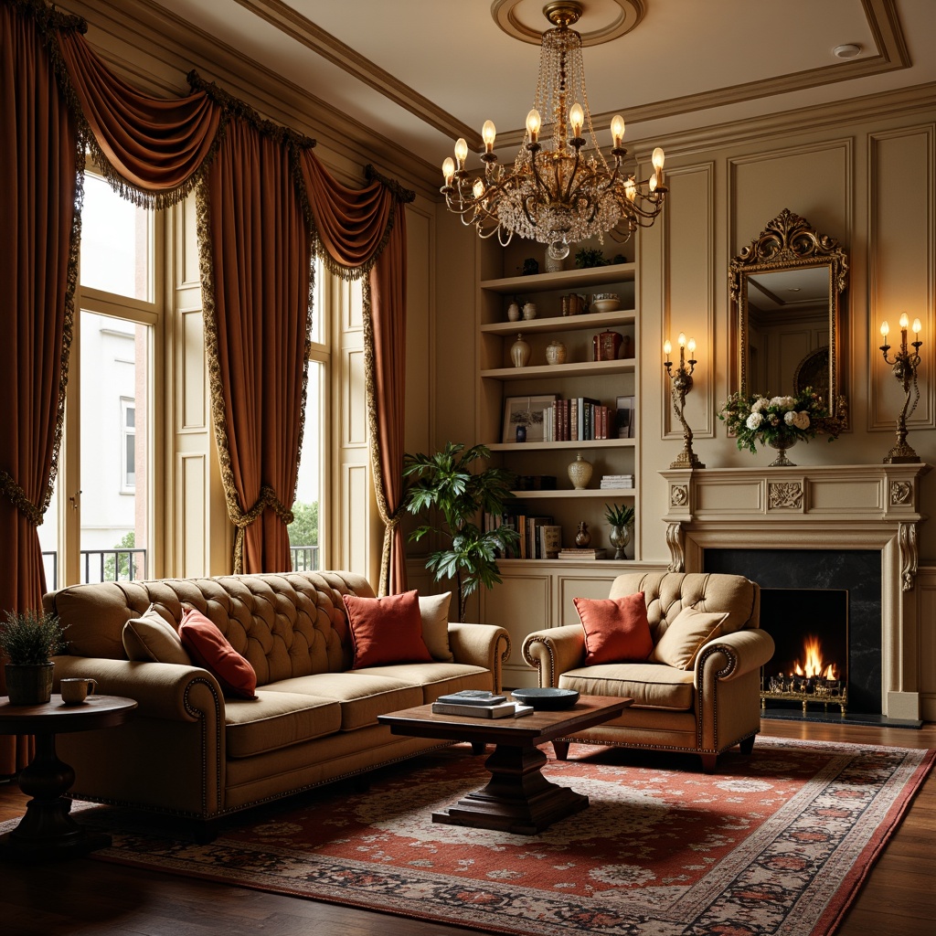 Prompt: Traditional luxury living room, rich velvet fabrics, ornate carved wooden furniture, button-tufted upholstery, rolled arms, nailhead trim, studded leather accents, soft golden lighting, warm beige walls, intricate patterned rugs, classic drapery, heavy silk curtains, elegant crystal chandeliers, refined antique pieces, sophisticated neutral color palette, high-contrast photography, shallow depth of field, 1/2 composition, warm and inviting atmosphere.