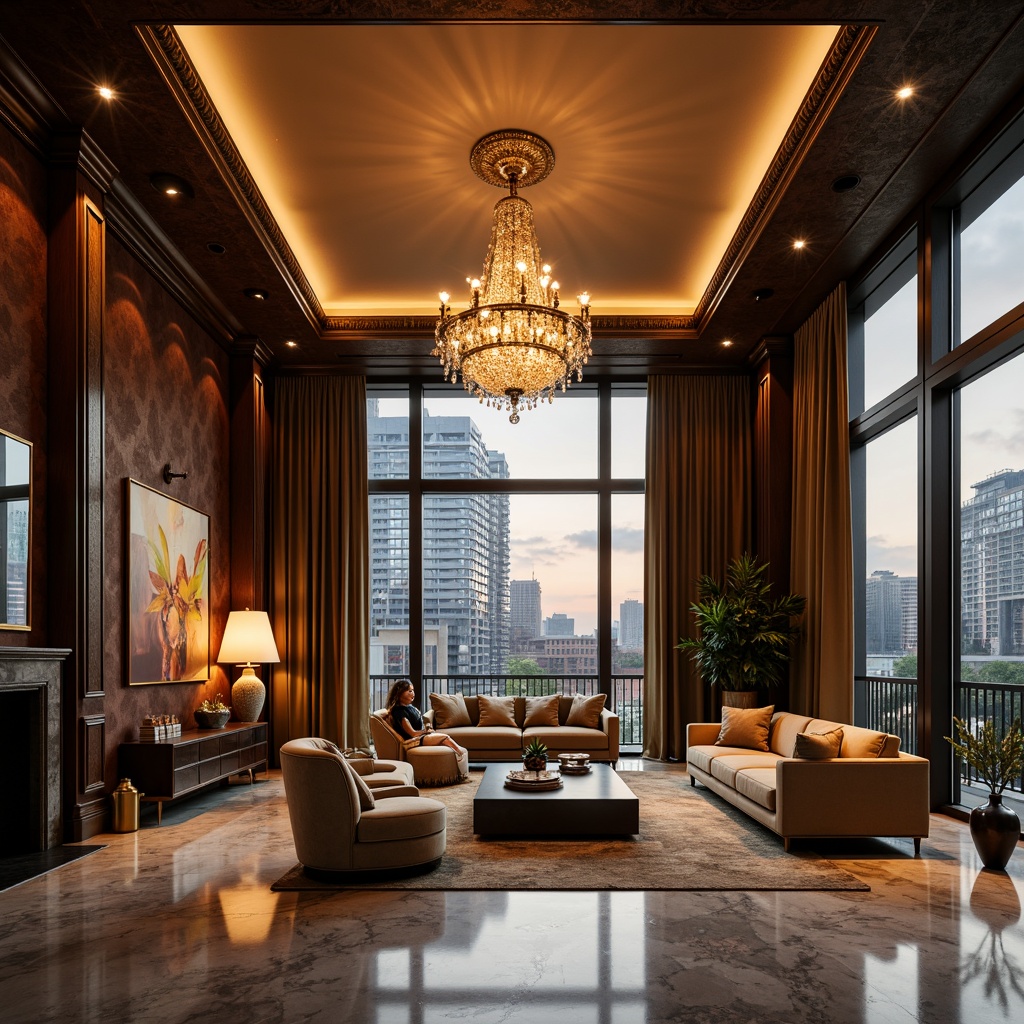 Prompt: Luxurious living room, grand chandelier, warm golden lighting, velvet drapes, marble flooring, ornate mirrors, lavish furniture, dramatic ceiling height, abstract artwork, modern pendant lights, sleek track lighting, cozy reading nook, floor-to-ceiling windows, urban cityscape view, soft evening ambiance, 1/2 composition, shallow depth of field, realistic shadows, ambient occlusion.