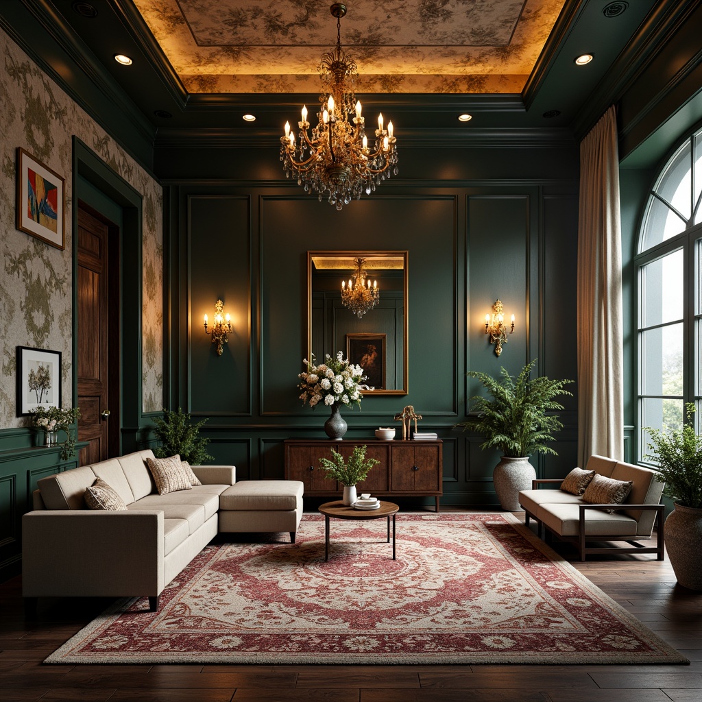 Prompt: Richly textured walls, luxurious fabrics, intricately patterned rugs, ornate furniture, lavish decor, opulent chandeliers, warm golden lighting, deep rich jewel tones, emerald green accents, navy blue undertones, creamy white neutrals, soft blush pinks, metallic bronze highlights, subtle gradient transitions, 3D rendered scenes, atmospheric misty effects, cinematic composition, realistic material textures.