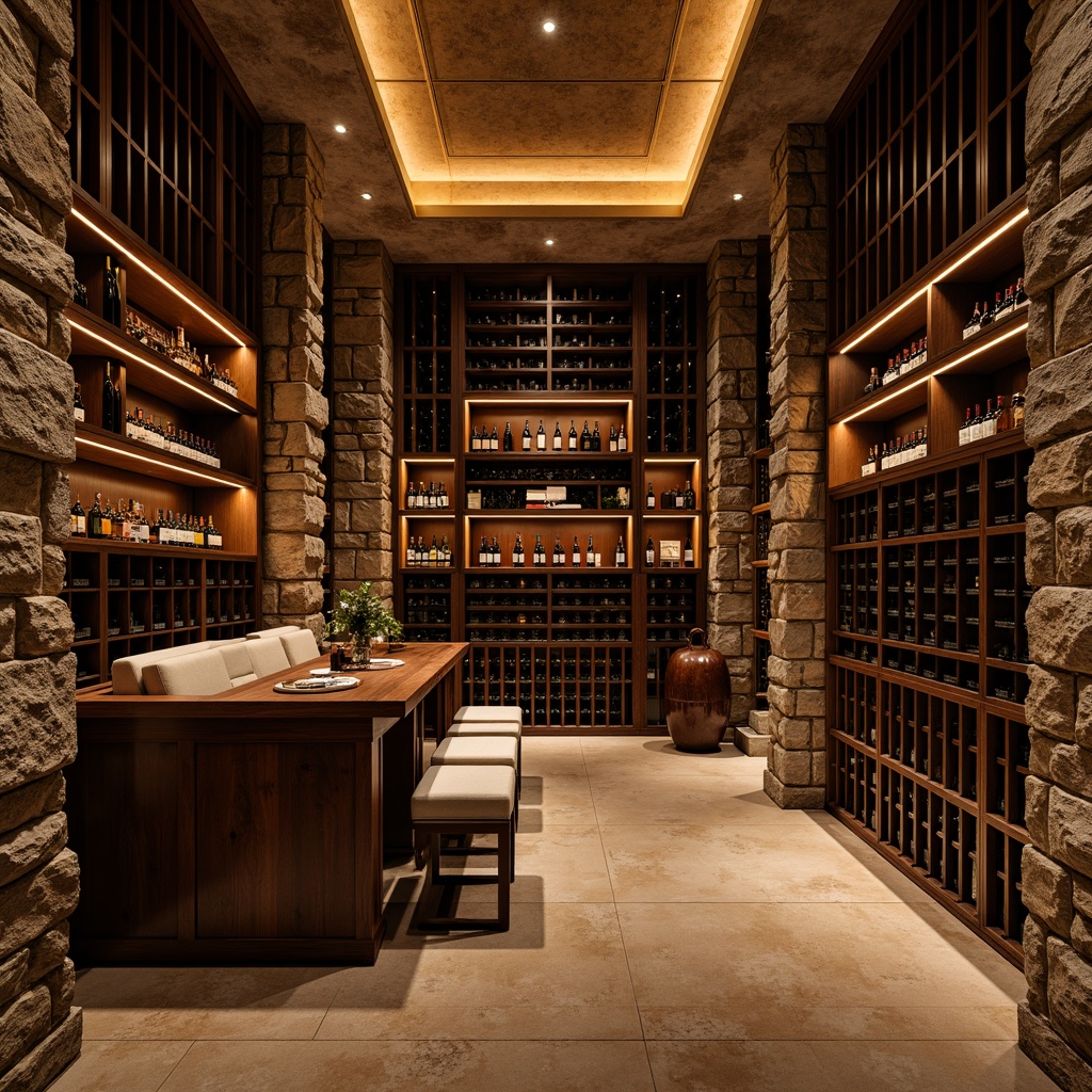 Prompt: Luxurious wine cellar, rustic stone walls, dark wood shelving, ambient warm lighting, soft golden glow, LED strip lights, floor-to-ceiling racks, glass-enclosed wine displays, temperature-controlled environment, dimmable spotlights, subtle color changing effects, recessed lighting, cove ceiling, rich wood accents, ornate metalwork, intimate seating area, warm earthy tones, sophisticated ambiance.