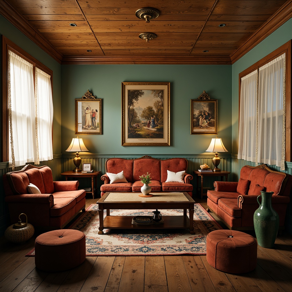 Prompt: Vintage game room, distressed wood furniture, plush velvet sofas, ornate wooden armchairs, rustic coffee tables, antique metal lamps, soft pastel colors, floral patterns, lace curtains, worn leather ottomans, decorative vintage posters, classic board games, warm golden lighting, shallow depth of field, 1/1 composition, cozy atmosphere, realistic textures.