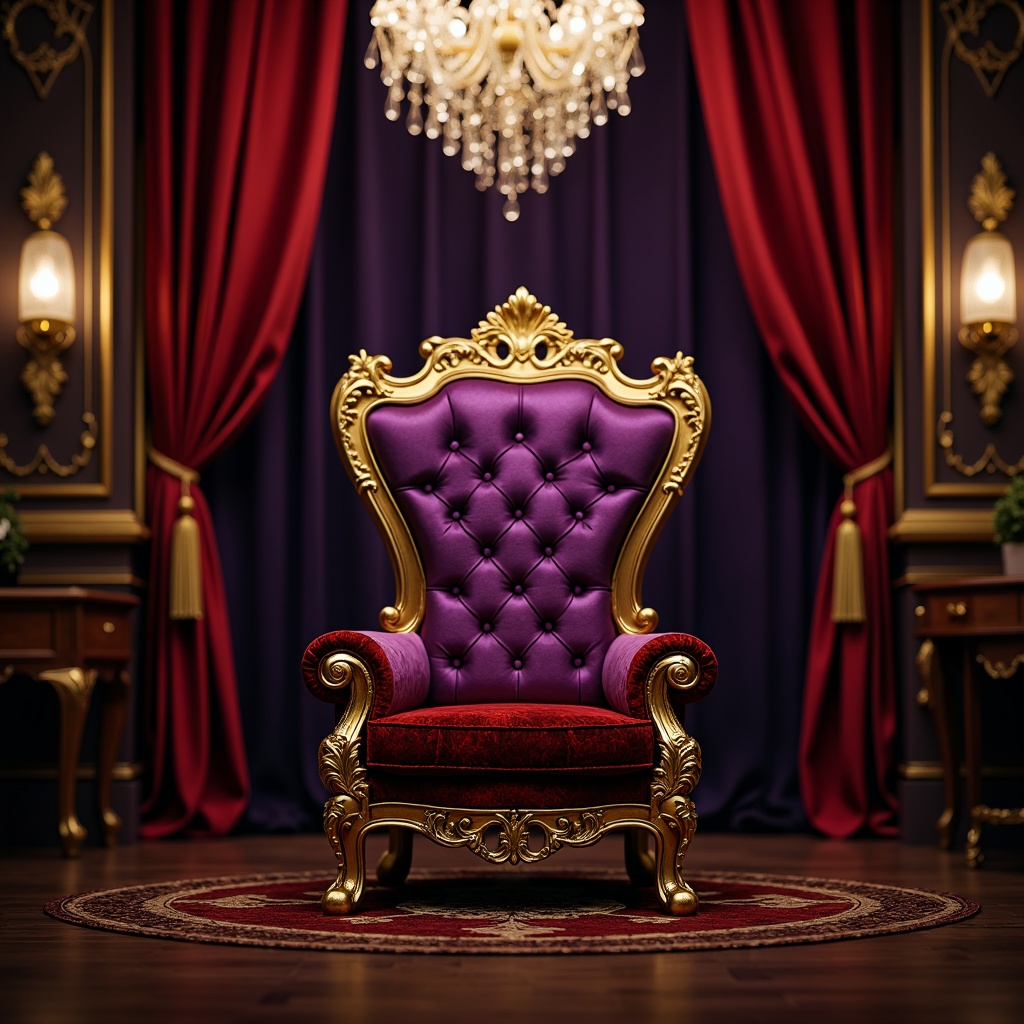 Prompt: Opulent throne-like armchair, rich velvet upholstery, intricate gold embroidery, lavish silk fabrics, regal purple accents, ornate carved wooden frame, plush cushions, gilded metal legs, majestic red drapes, grand crystal chandelier, dim warm lighting, shallow depth of field, 1/2 composition, realistic textures, ambient occlusion.