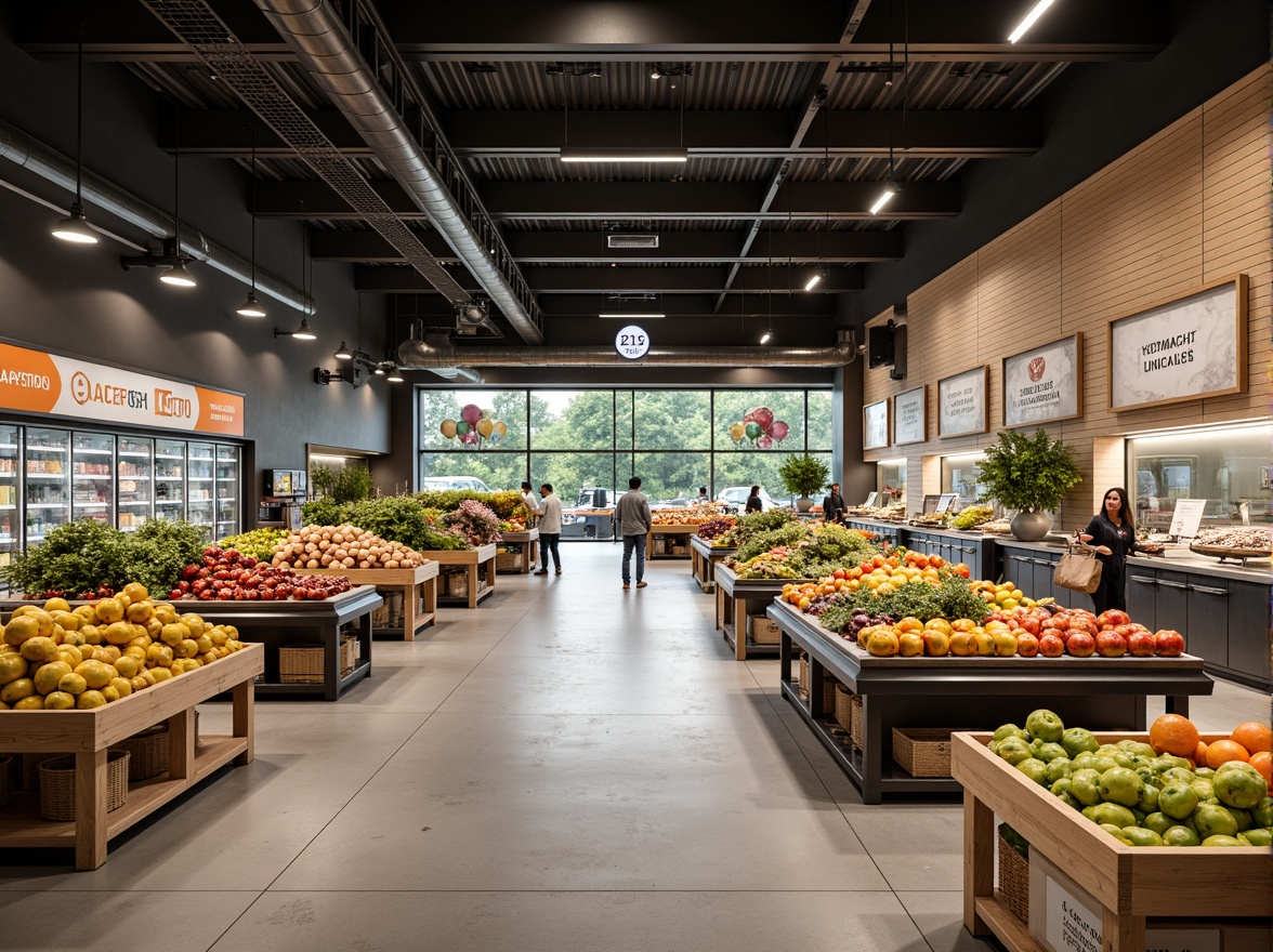 Prompt: Modern grocery store interior, open layout, high ceilings, polished concrete floors, minimal partitions, abundant natural light, sleek shelving units, fresh produce stands, colorful fruit and vegetable displays, hanging signboards, digital signage, LED lighting, energy-efficient refrigeration systems, wooden accent walls, earthy tone color scheme, soft warm ambiance, shallow depth of field, 1/1 composition, realistic textures, ambient occlusion.