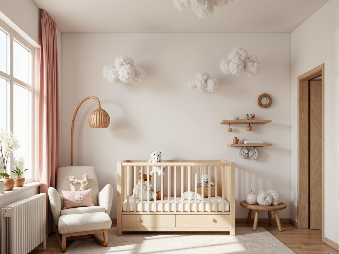 Prompt: Cozy nursery, soft pastel colors, gentle lighting, plush toys, comfortable glider, warm wood accents, minimalist decor, organized storage, functional changing station, safety gates, crib with canopy, baby monitors, soothing mobiles, cloud-shaped decorations, white furniture, rounded edges, calming ambiance, natural textures, 3/4 composition, shallow depth of field.