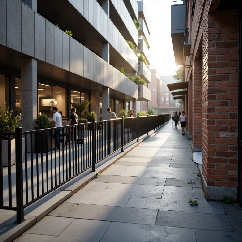 Prompt: Minimalist urban landscape, sleek metal railings, simple horizontal lines, industrial chic aesthetic, exposed brick walls, polished concrete floors, modern cityscape, bustling street scene, morning commute, soft warm lighting, shallow depth of field, 3/4 composition, realistic textures, ambient occlusion.