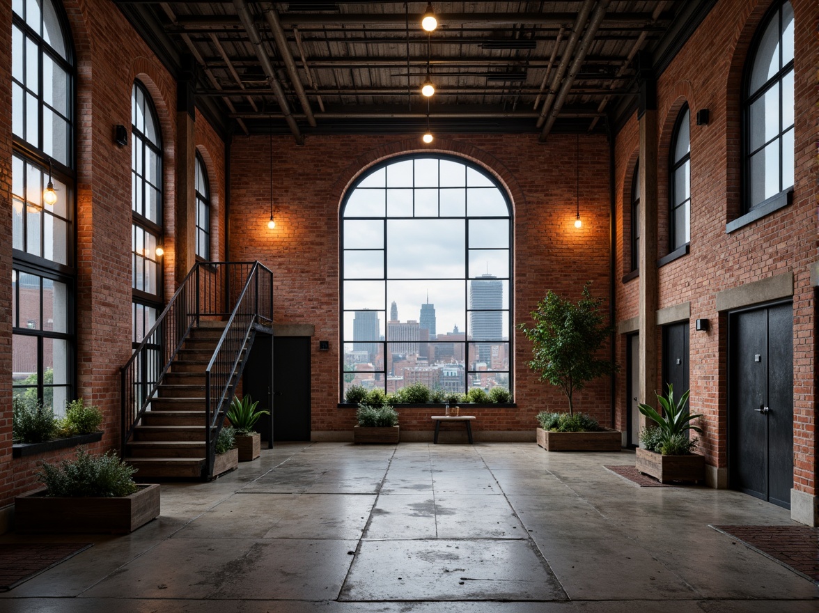 Prompt: Rustic industrial warehouse, exposed brick walls, metal beams, reclaimed wood accents, vintage factory windows, distressed concrete floors, industrial-style lighting fixtures, metal staircases, Edison bulbs, urban cityscape, cloudy grey sky, soft warm lighting, shallow depth of field, 1/1 composition, realistic textures, ambient occlusion.