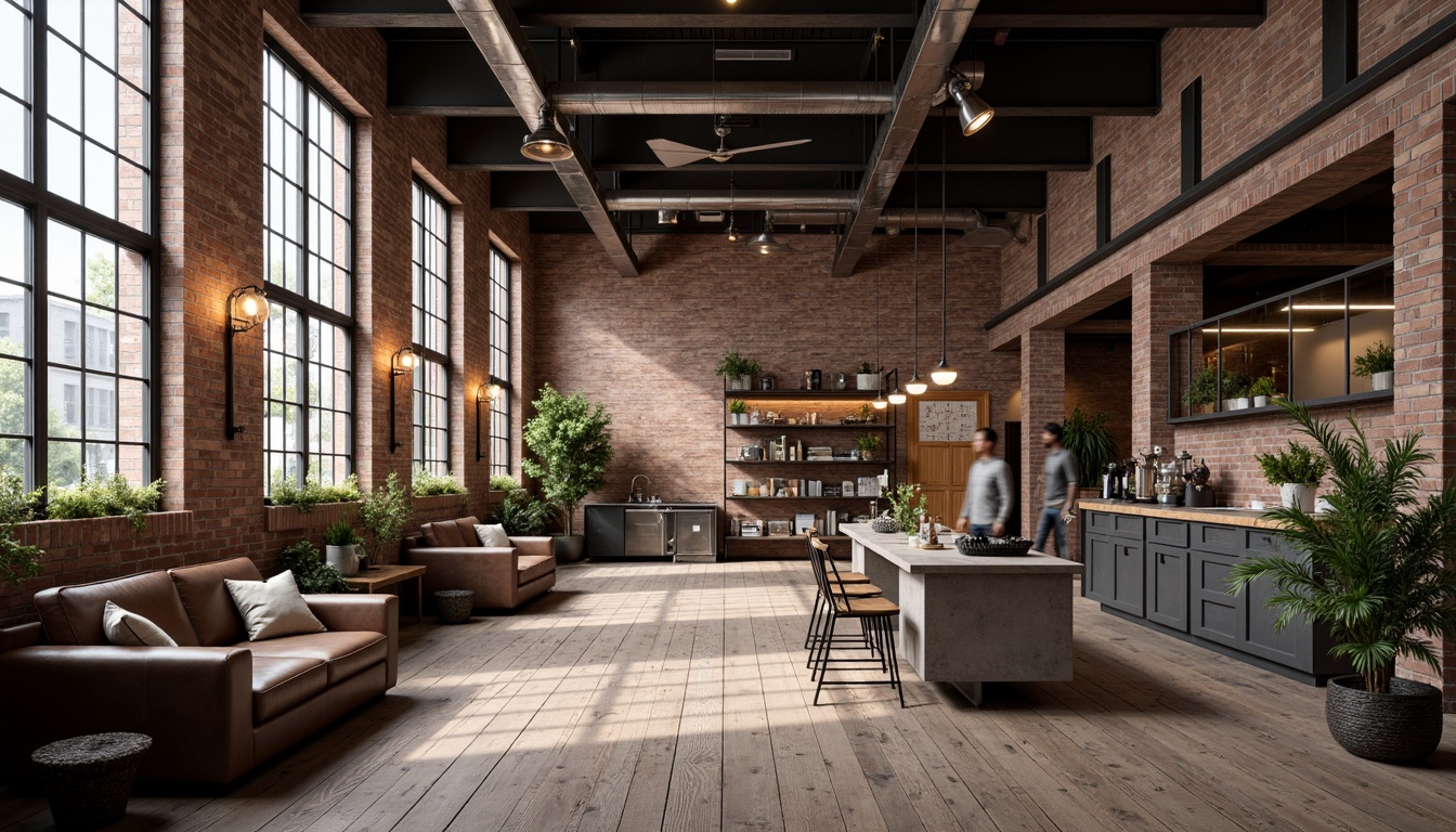 Prompt: Exposed brick walls, metal beams, reclaimed wood floors, industrial-style lighting fixtures, vintage manufacturing equipment, distressed leather sofas, urban loft atmosphere, concrete countertops, Edison bulbs, metallic accents, functional decor, utilitarian chic, modern minimalist aesthetic, neutral color palette, rustic textures, open-plan layout, high ceilings, abundant natural light, airy feel, subtle industrial hints, eclectic decorative accents.