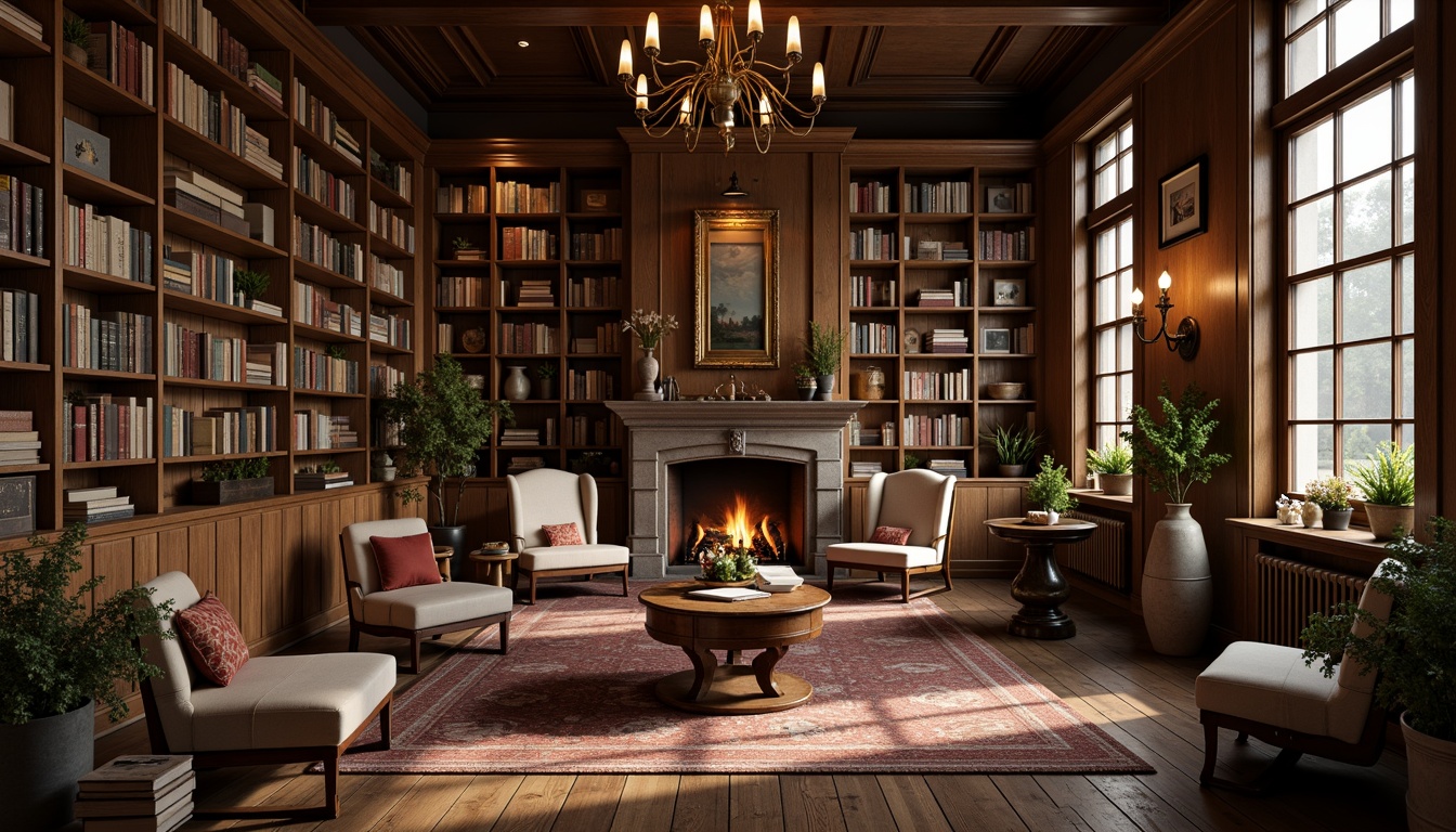 Prompt: Cozy library atmosphere, warm wood tones, rustic furniture pieces, vintage bookshelves, comfortable reading nooks, plush armchairs, soft cushions, natural fabrics, earthy color palette, wooden floorboards, stone fireplace, dimmed warm lighting, intimate setting, classical literature decorations, leather-bound books, antique artifacts, rich textures, detailed carvings, ornate metalwork.